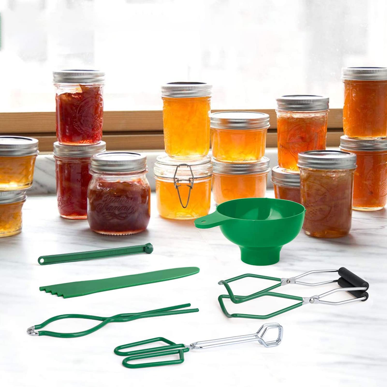 Kit de Mise en Conserve 6 Pièces, Kit de Fournitures de Mise en Conserve Verte, Ensemble de Fabrication de Confiture Comprenant un Entonnoir de Mise en Conserve, une Pince à Mise en Conserve, un Poppe