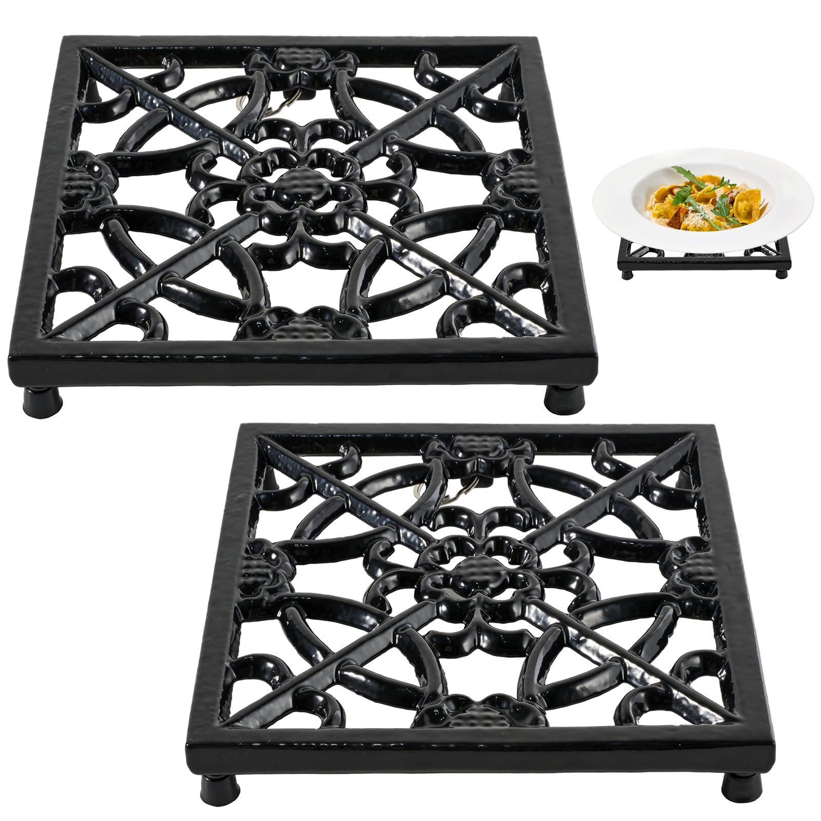 JOGREFUL Cast Iron Trivets, Kitchen Pot Heat Resistant Mats Black, 2 Pack