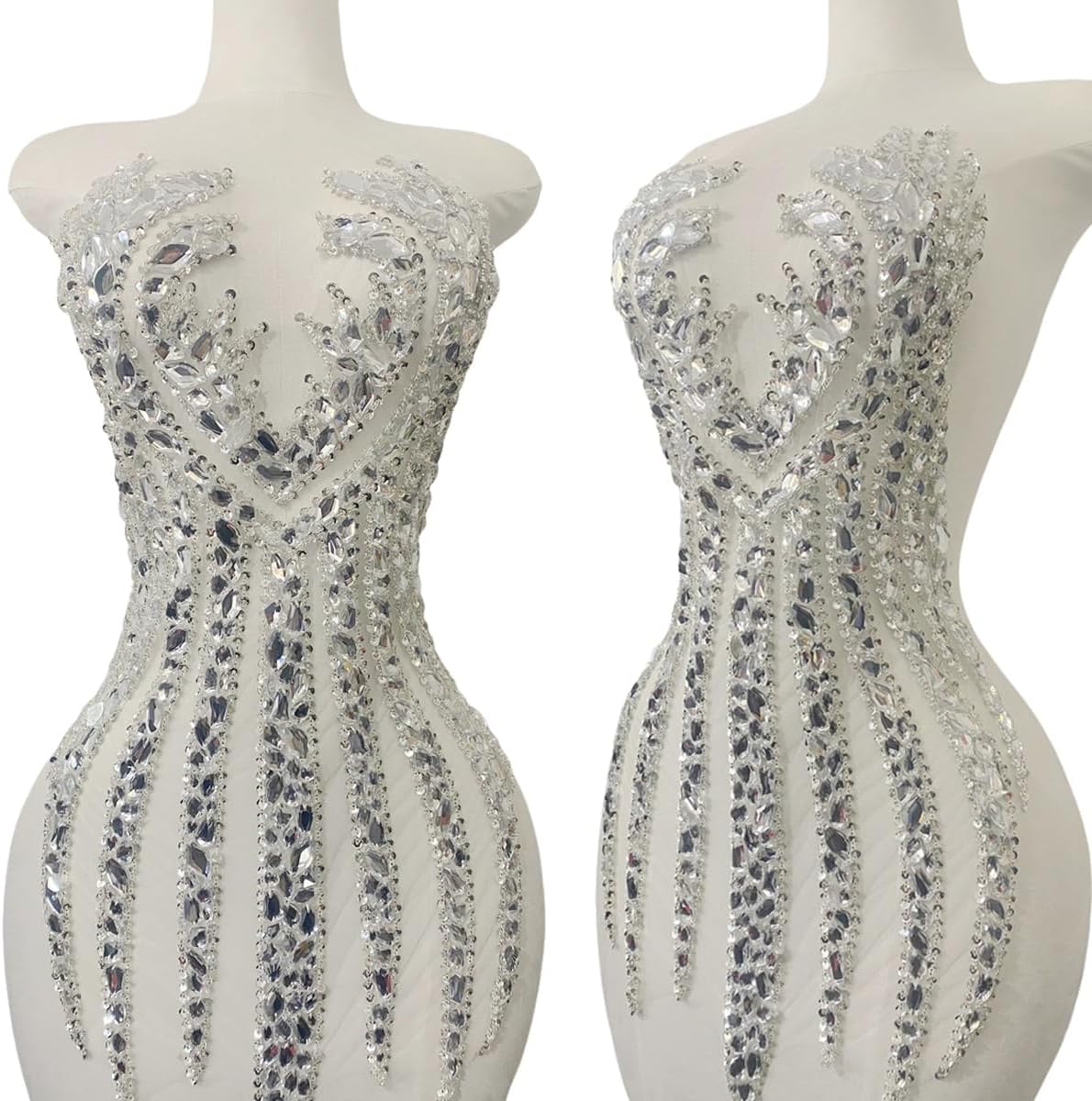 Big Rhinestones Handmade Beautiful Large Bodice Applique Patch with Crystal and Beads for Dresses (Silver)
