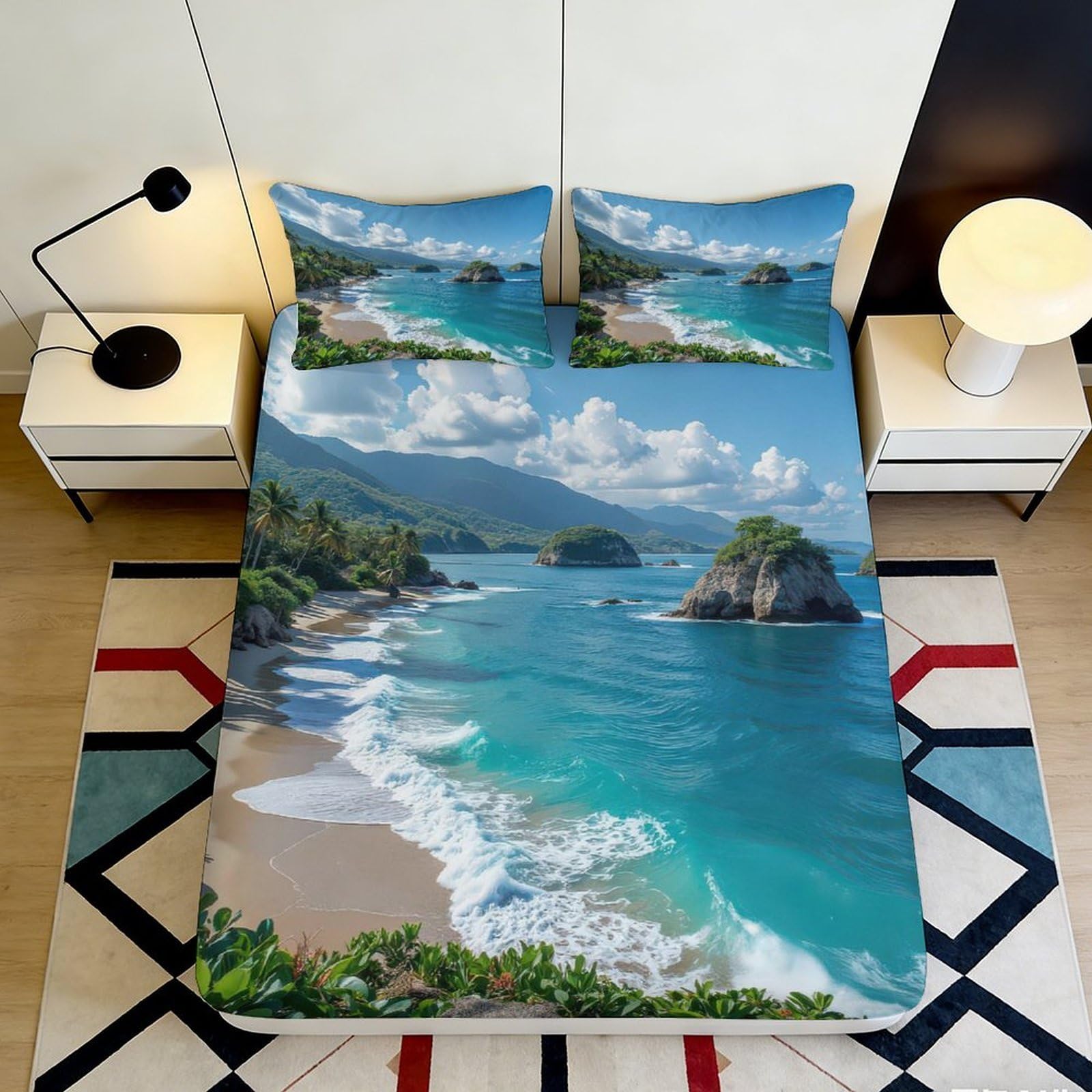3D Printed Coastal Scenery Fitted Sheet Microfiber Deep Pocket Non-Slip Bedroom Bedding Set Nature-inspired Mattress Fitted Cover for Adults Washable120 120x200x25cm