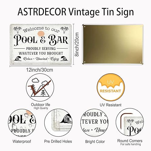 Miniatura 2 de Letrero de lata de bienvenida a nuestra piscina y bar, arte de pared de metal retro ASTRDECOR para patio, junto a la piscina, bar en casa o patio