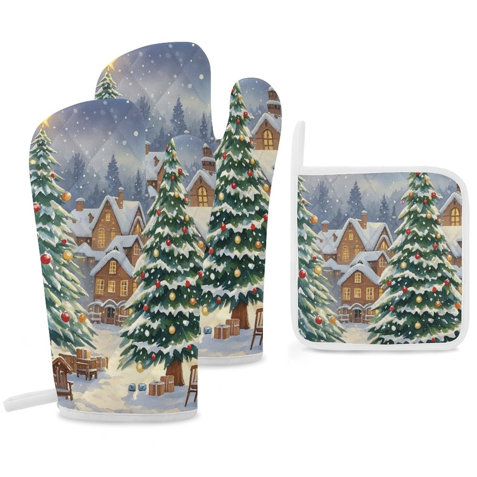 Gants de cuisine et maniques avec motif arbre de Noël résistants chaleur four