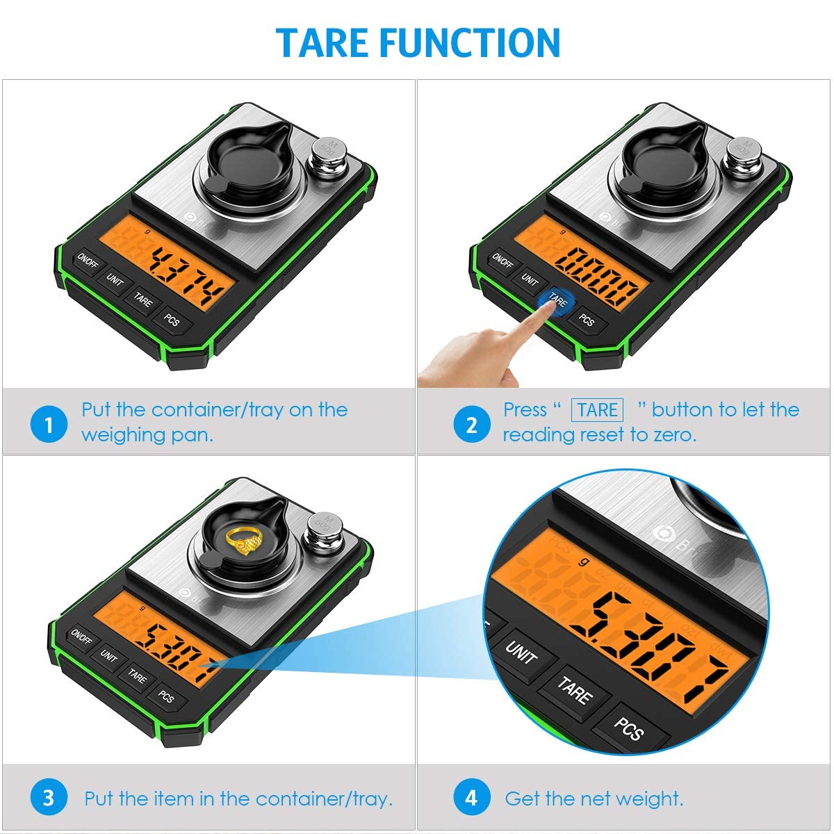 Brifit Bilancia micrometrica 0,001 g, 50 g / 0,001 g Bilancia Digitale con Display LCD, Scala delle Monete, Bilancia dei Gioielli con Peso di calibrazione di 50 g, pinzette e Ciotola di pesata -Verde