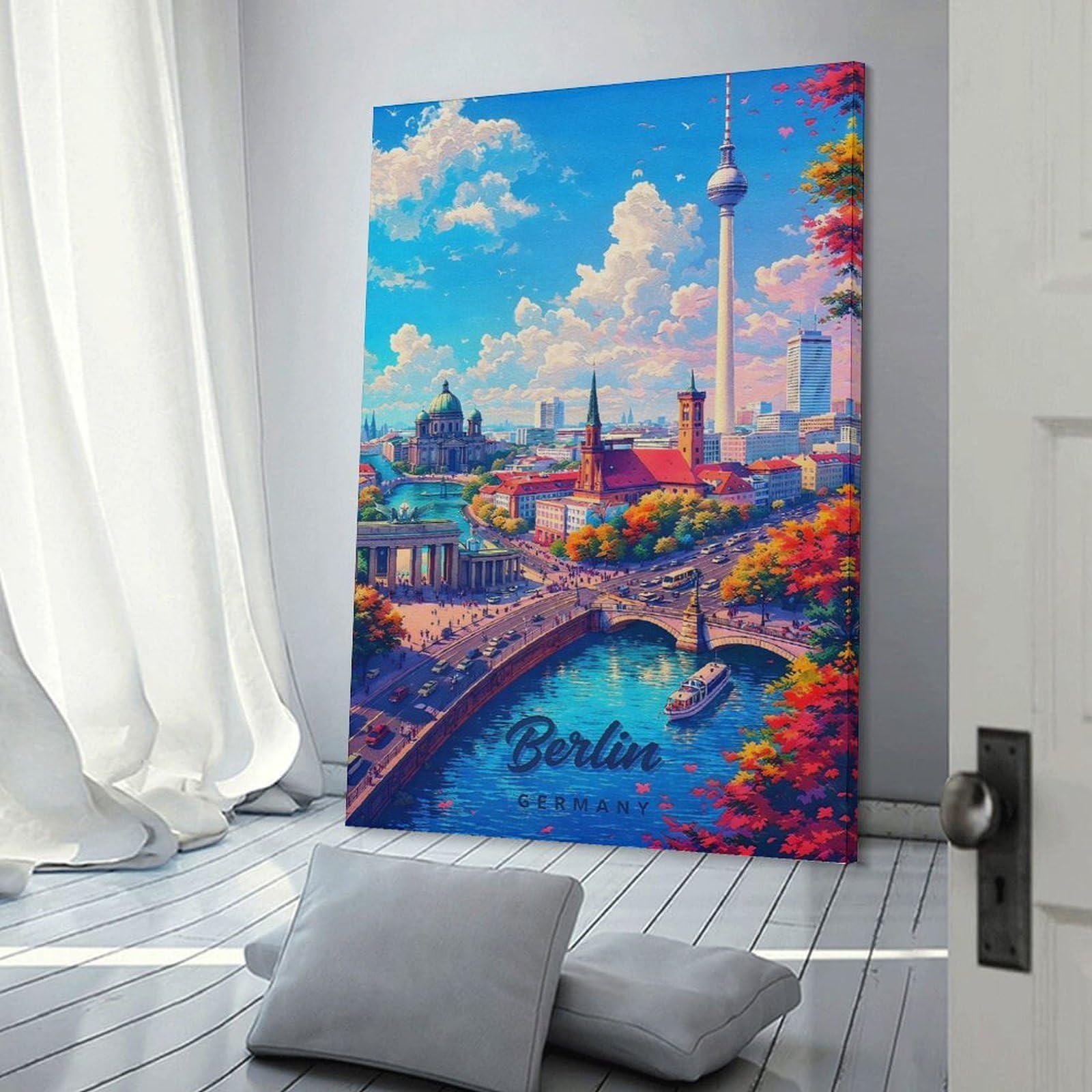 Junmoney Vibrant Berlin Cityscape with Fernsehturm Hanging Wall Art, 24x36inch(60x90cm), for Lounge, Bedroom Or Personal Spaces, Gift Idea for Housewarming And Birthdays