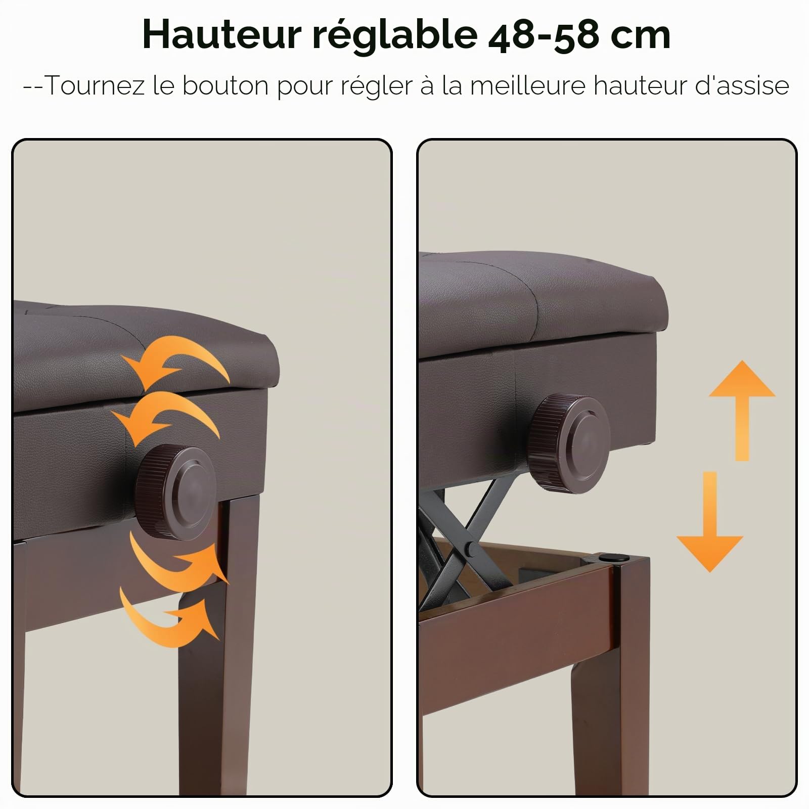 MAMIZO Tabouret Piano, Siege Piano avec Espace Rangement, Réglable Hauteur 72x33x58cm, Banc Piano avec Coussin Cuir PU, Tabouret Piano Charge Maximale 200kg, 4 PCS Pieds Piano Bois Massif, Brun Foncé