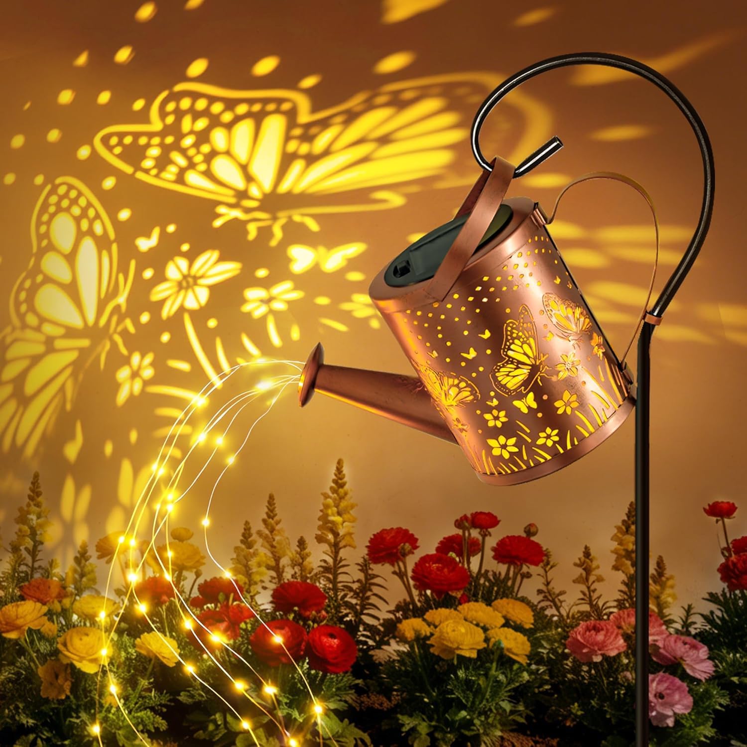 Ollny Solar Watering Can with Cascading Lights Outdoor Garden Ornaments