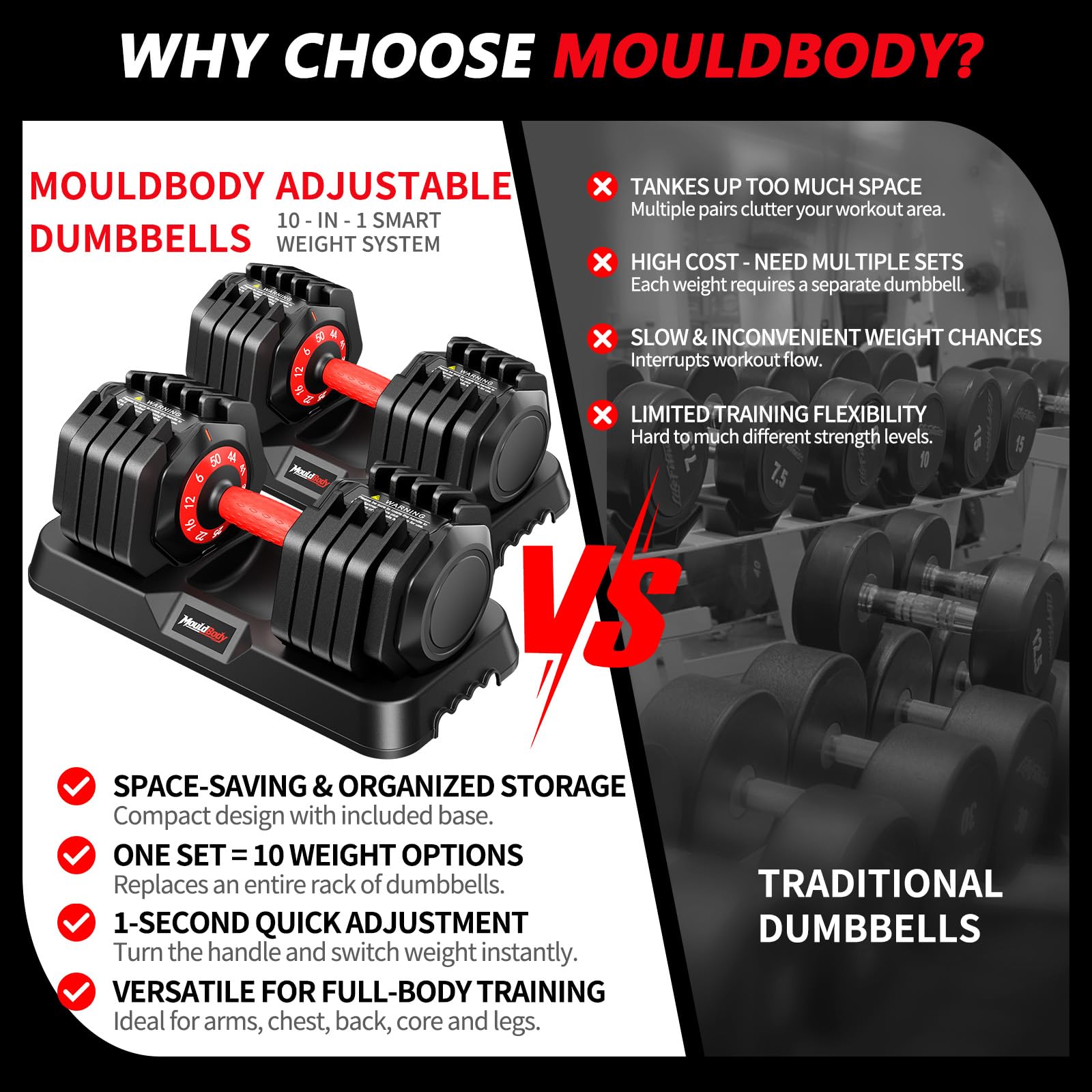 Adjustable Dumbbell Set Pair 25 lb or 50lb,10-in-1 Free Weight | 1-Second Dial Weight Adjustment,Space-Saving Design with Storage Base, Home Gym Strength Training Equipment