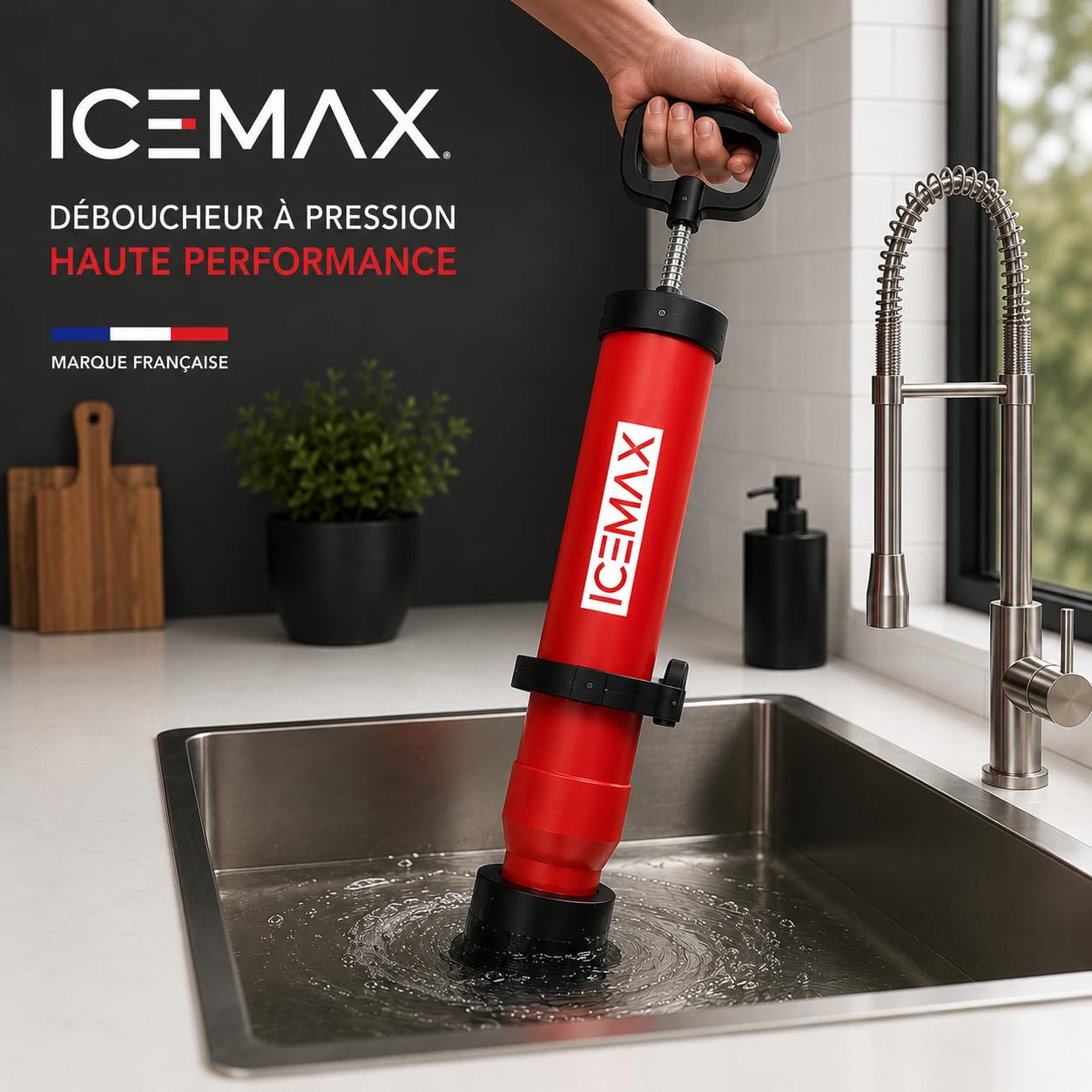 ICEMAX® Déboucheur canalisation WC EVIER DOUCHE avec 3 têtes Marque Francaise I déboucheur wc I déboucheur canalisation professionnel I deboucheur canalisation haute pression I Ventouse déboucheur