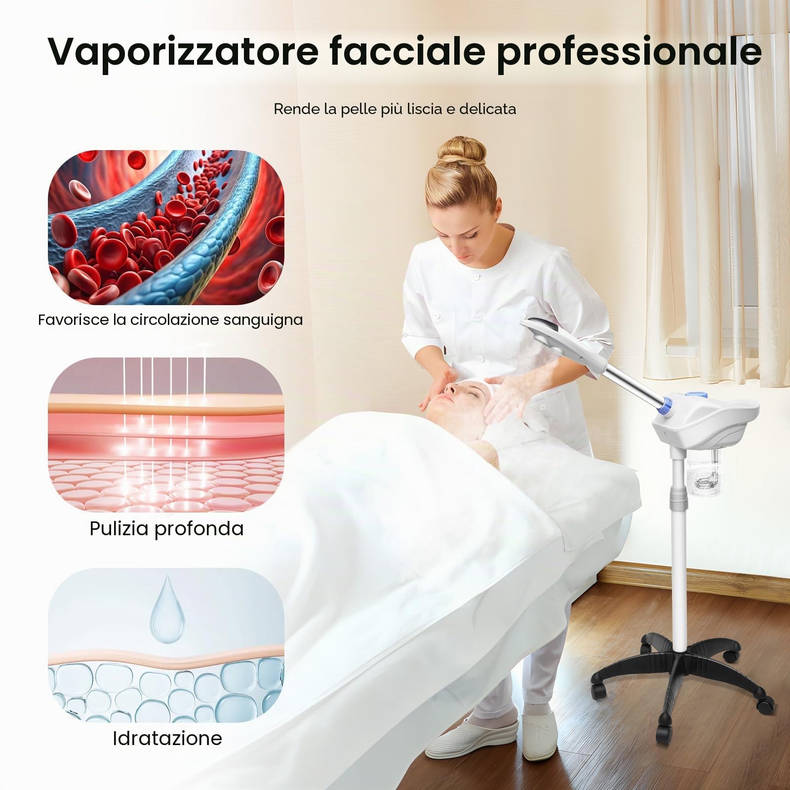 Spray viso vapozone professionale caldo/freddo da 750 W, vapore, sauna facciale, multifunzione con ugello rotante a 360 gradi, nanotecnologia, per salone di bellezza, spa domestica