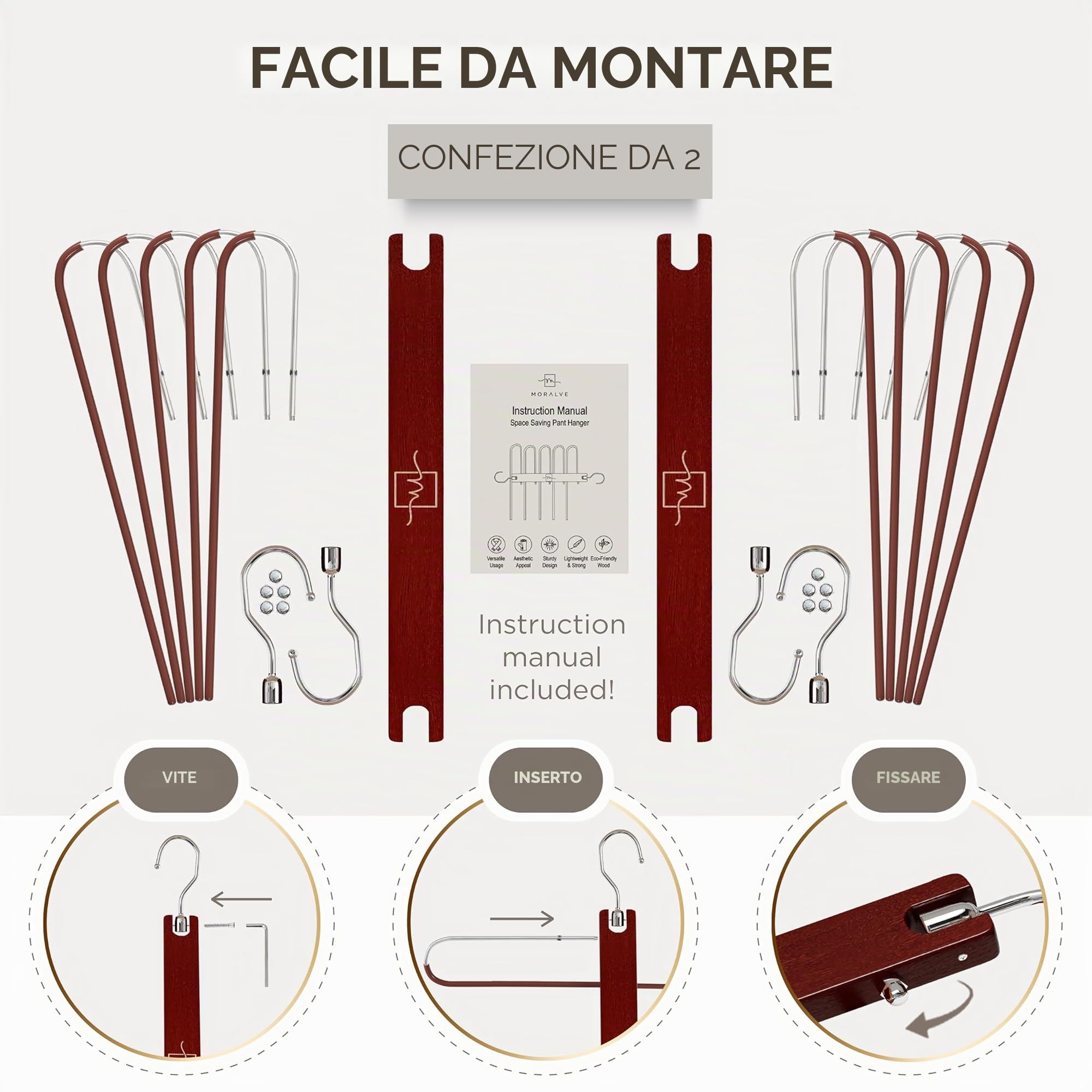MORALVE Grucce salvaspazio per pantaloni, confezione da 2 grucce in legno di faggio europeo per sciarpe e jeans, organizer per armadio e pantaloni, appendiabiti per leggings e sciarpe, con gancio