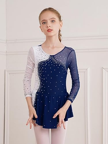 Miniatura 4 de CHICTRY Vestido de baile contemporáneo de manga larga con diamantes de imitación brillantes para patinaje sobre hielo