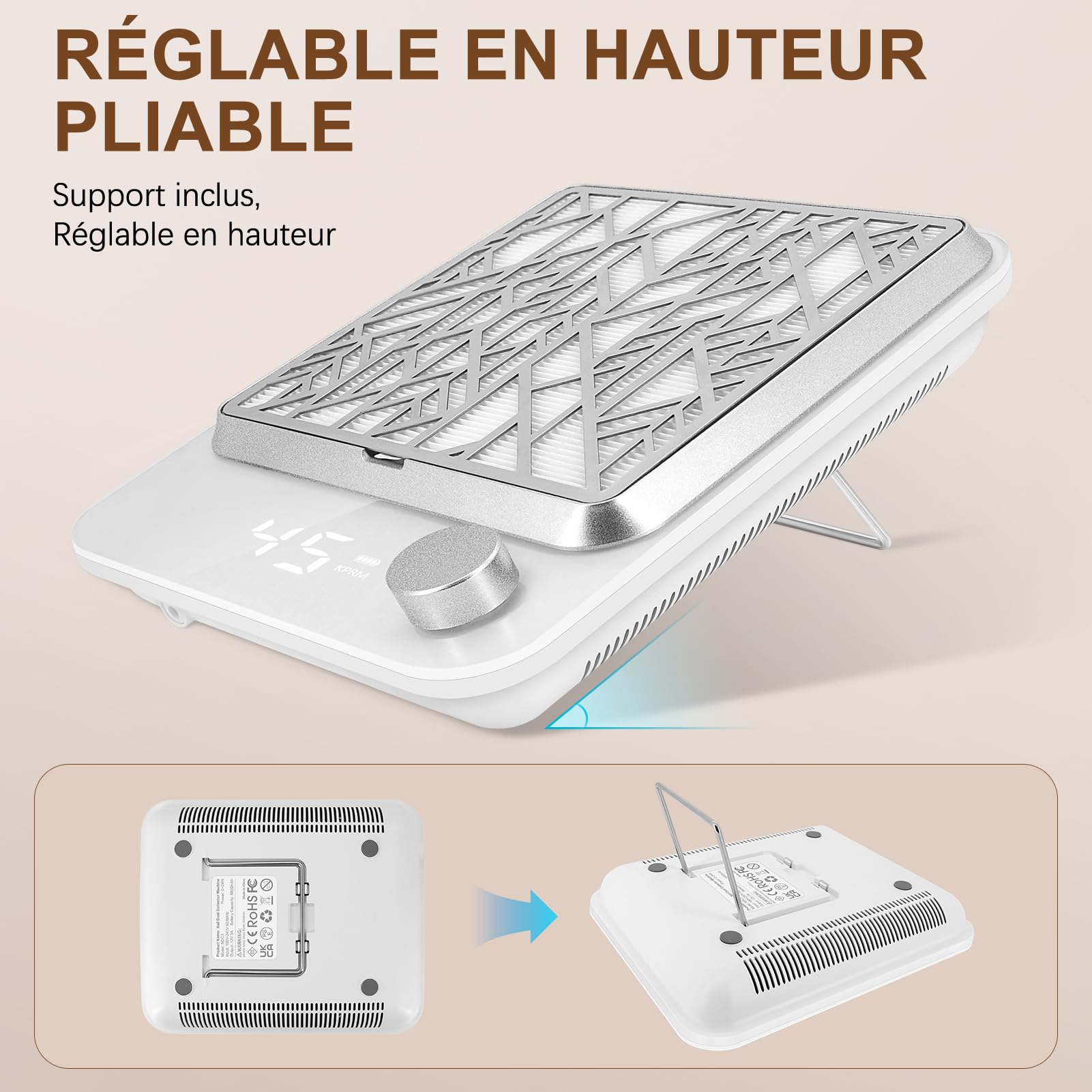 Aspirateur Ongle Rechargeable, Puissant Aspirateur De Table Professionnel Pour Ongles, Aspirateur De Manucure, Aspiration Réglable, Blanc-NDC3