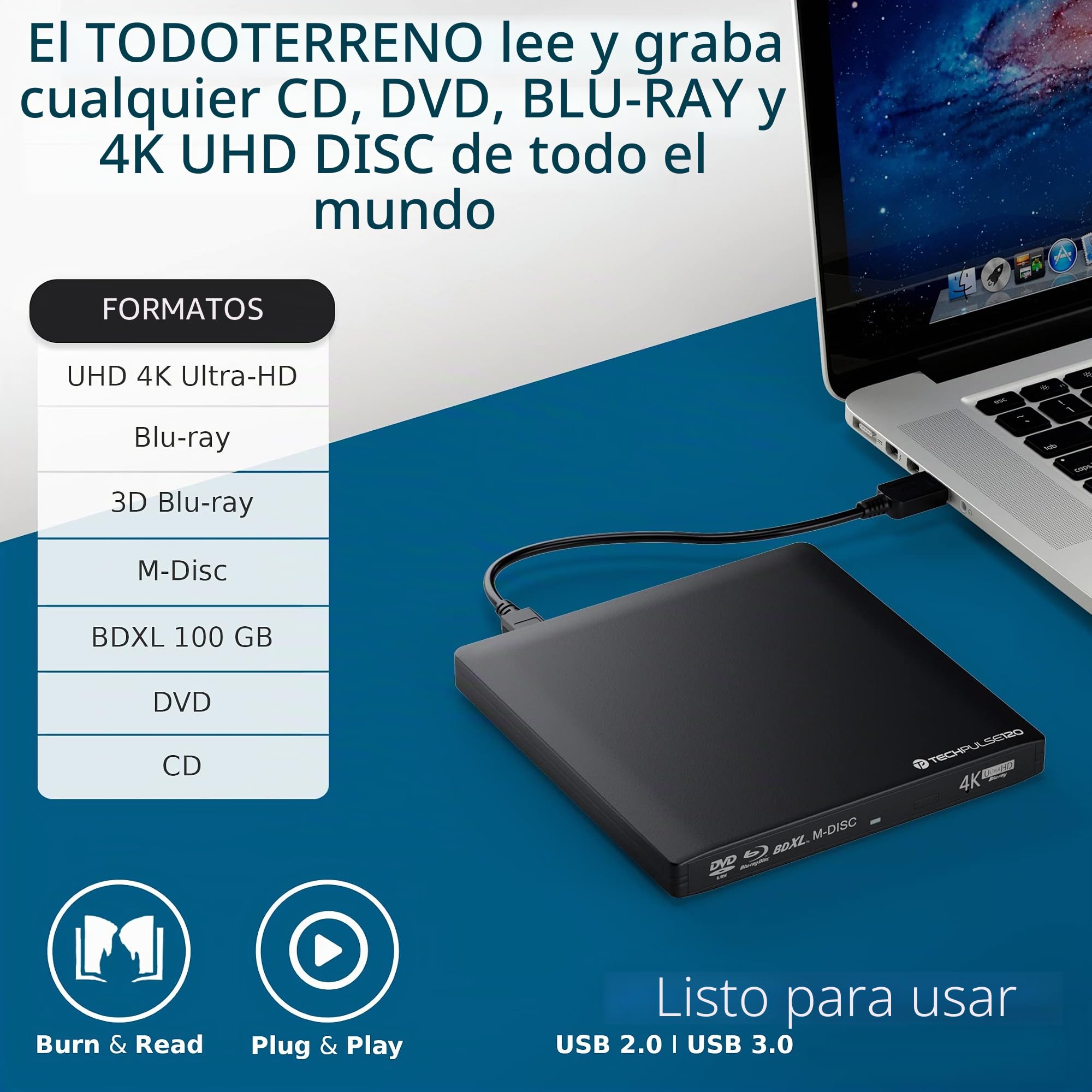 techPulse USB 3.0 UHD 4K 3D BDXL Externa Unidad BLU-Ray Grabadora Lector Súper-Slim Escritor Portátil Quemador BD DVD CD ODD Superdrive ROM Aluminio Negro