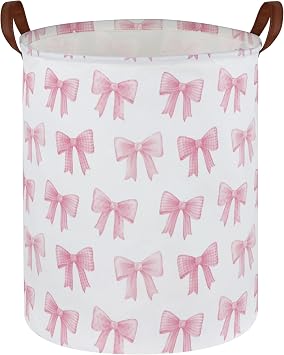 Kids Laundry Hamper,Pink Laundry Basket Collapsible Girls Storage Baskets for Home Decor,Office,Toy Organizer,Pink Bowknot