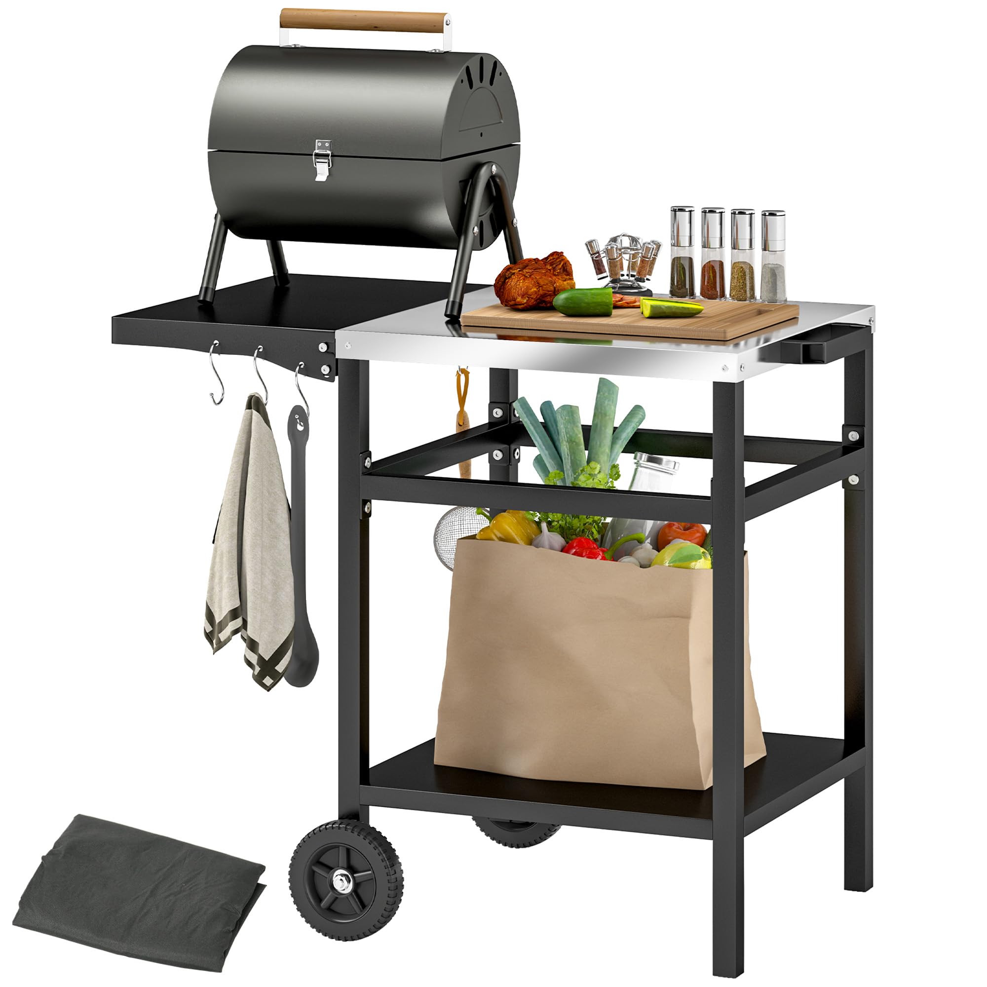 Outsunny Carrito de Barbacoa Superior de Acero Inoxidable con Estante Plegable, Mesa de Cocina Exterior para Horno de Pizza con Ruedas, Asa, 6 Ganchos y Tapa Protectora, 91x58x76 cm, Negro