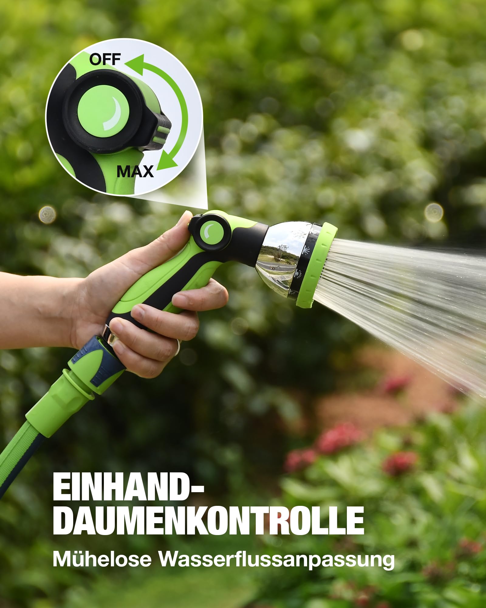 RAINPOINT Gartenschlauch Flexibel 15m, Leichtgewicht-Wasserschlauch mit TPE-Innenschlauch, 800D Oxford-Gewebe, 30 Bar Berstdruck, 10-Funktionen Gartenbrause, 1/2" & 3/4" Anschlüsse