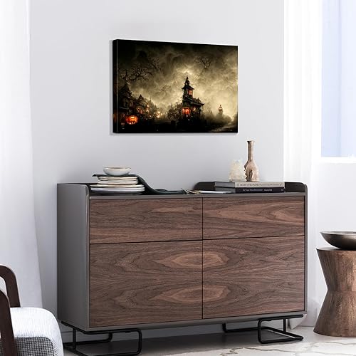 Miniatura 96 de Denozer Lienzo decorativo para pared de Halloween, castillo de terror de 32 x 24 pulgadas, decoración de pared de luna, decoración de otoño de Obra