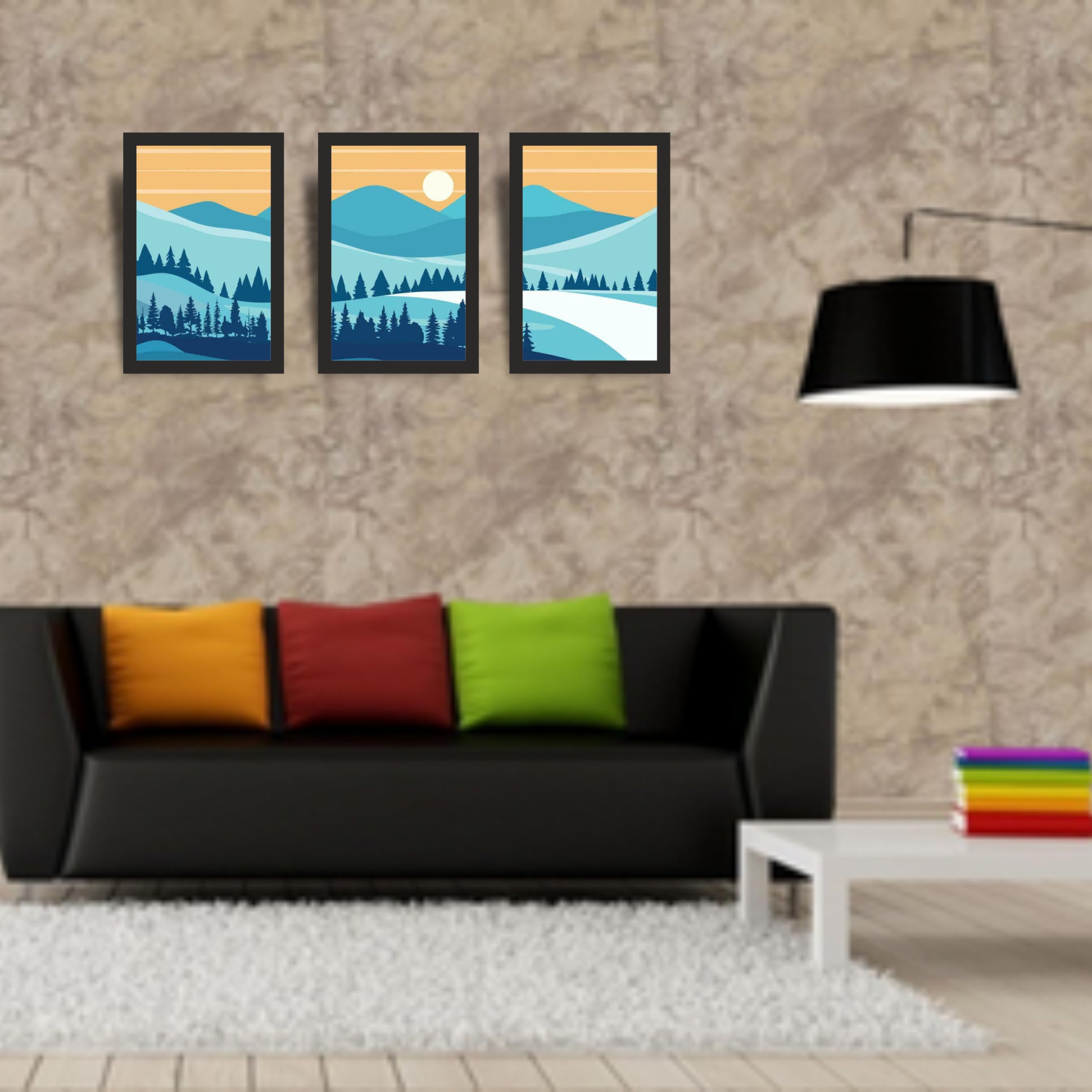 Minimal Blue Mountain Landscape Wall Art Set of 3 Frames