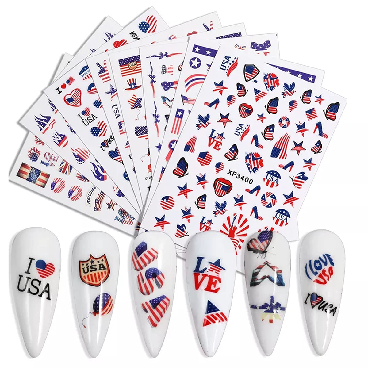 4th of July Nail Stickers America Patriotic Flag Designer Nail Art Stickers Decals 3D Self Adhesive Nail Art Supplies Butterfly America Flag Star Nail Stickers for Acrylic Nail Decorations (8 Sheets)