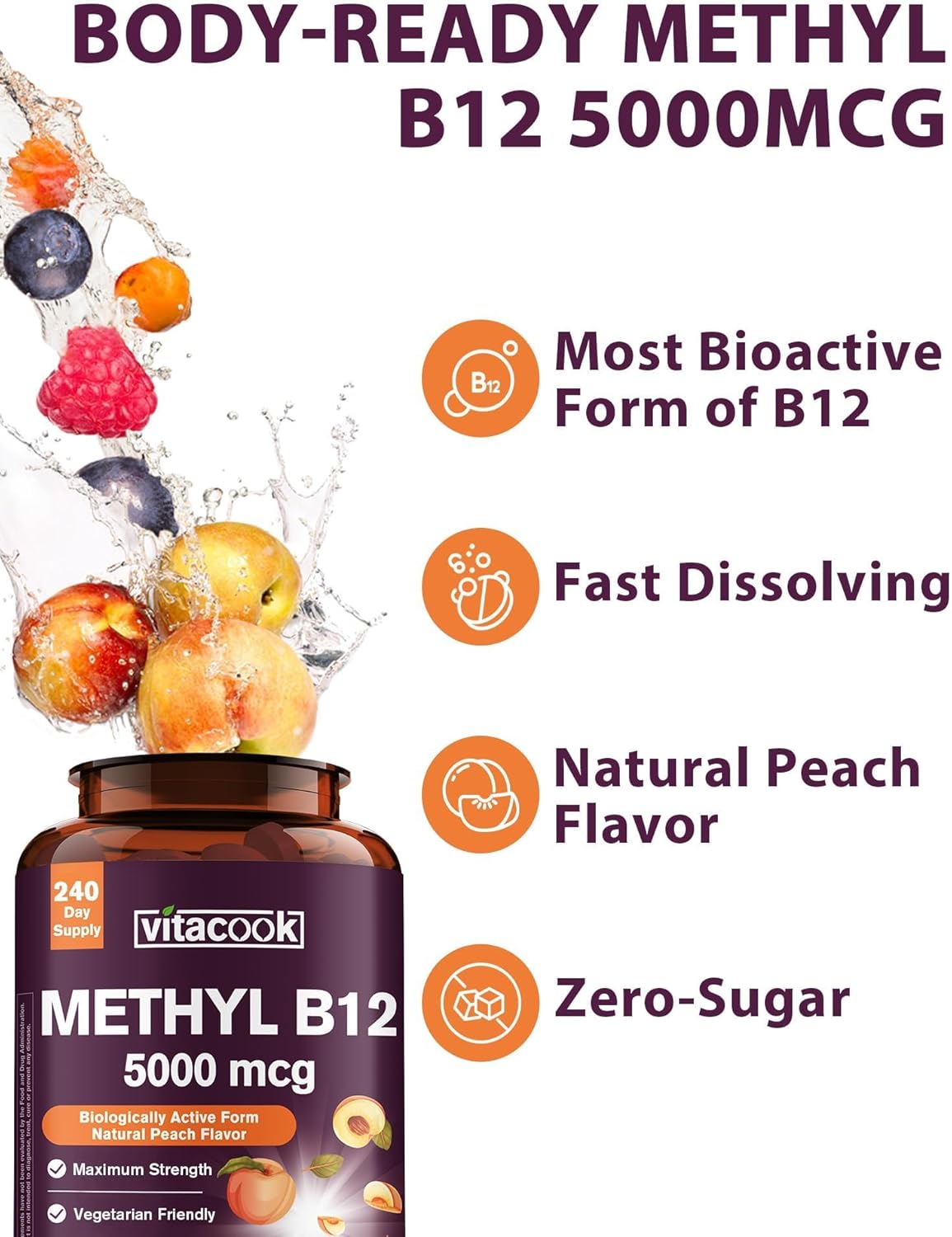 Vitamin B12 Sublingual, Methylcobalamin 5000mcg for Energy Production, Energy, Nerve & Cell Support, Natural Peach Flavor, Vegan, Zero Sugar, 240 Fast Dissolve Tablets