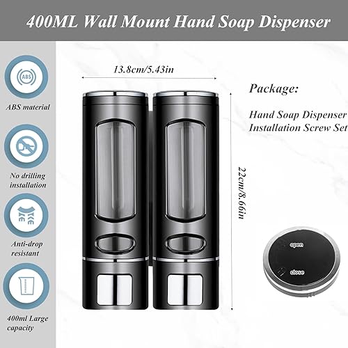 Miniatura 2 de Dispensador de jabón de manos montado en la pared, bomba de ducha negra de 13.5 oz13.5 fl oz, dispensador de jabón de loción líquida recargable