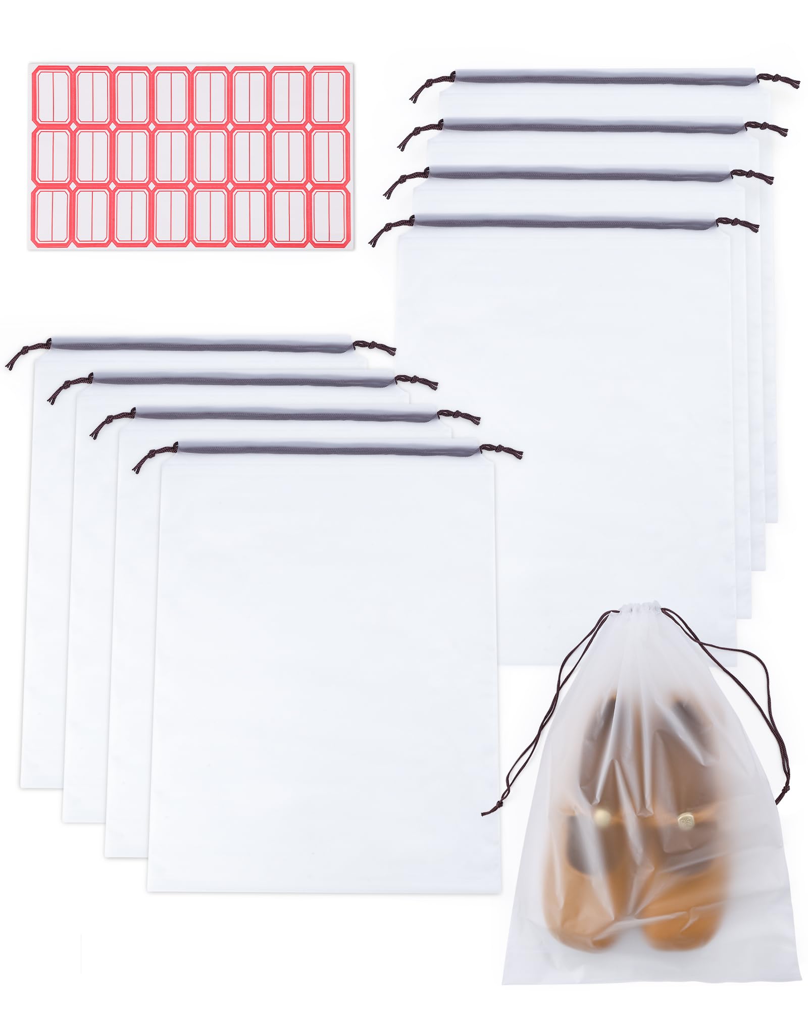 Worki na Buty do Podróży, 8 Sztuk Organizer do Butów do Walizki Wodoodporny ze Ściągaczem, 30x40cm Przezroczyste Woreczki na Buty, Dom i Siłownia, z 1 Etykietami