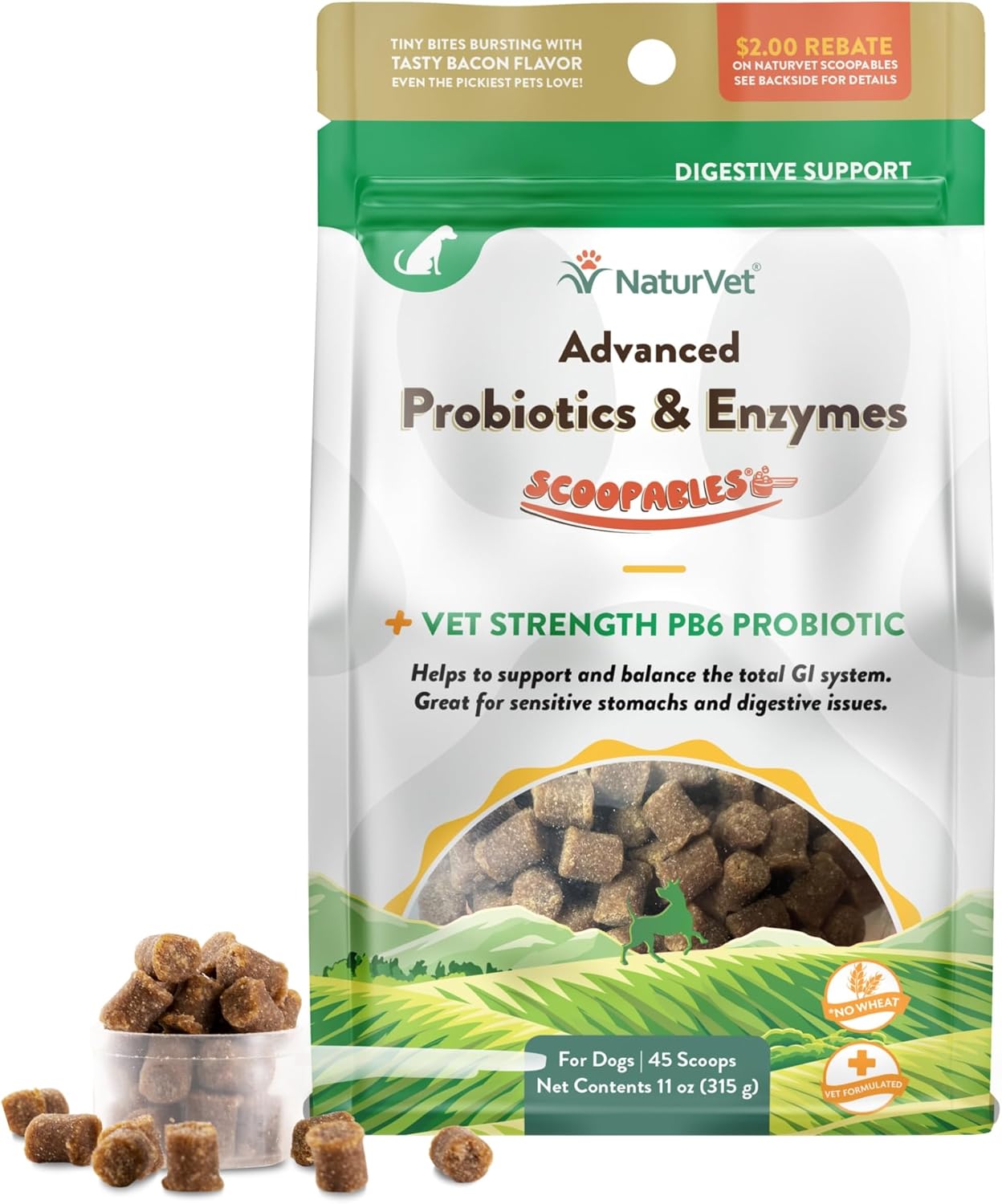 NaturVet Scoopables Advanced Probiotics for Dogs – Chewable Dog Probiotics & Digestive Enzymes – Support a Healthy Gut for Your Pet – Hickory Smoked Bacon Flavor | 11oz Bag