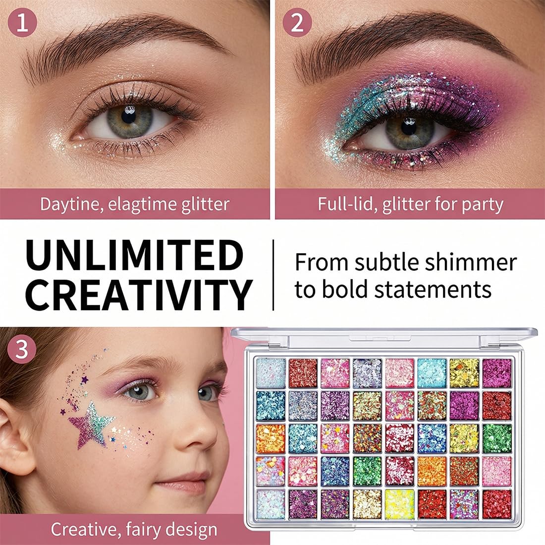 Palette Ombretti Glitter 40 Colori, Altamente Pigmentata per Viso & Corpo. Effetto Gel Lunga Durata per Trucchi Carnevale, Festa, Adulti & Bambini.