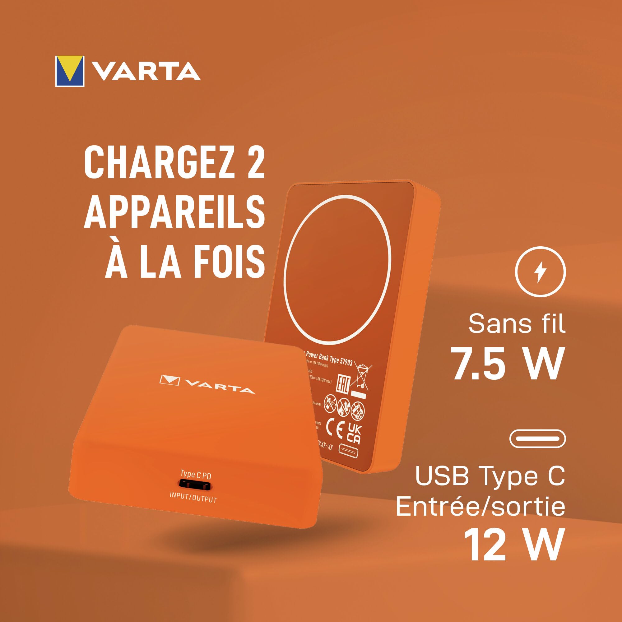VARTA Power Bank 5000 mAh, Mag Pro, magnétique, sans Fil, Coloris Orange