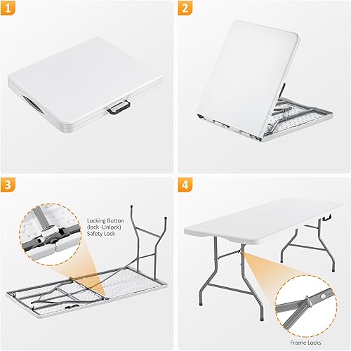 Miniatura 5 de Mesa plegable de 6 pies  Mesa plegable portátil con asa de transporte, mesa plegable de plástico resistente para fiestas, picnic, campamento,