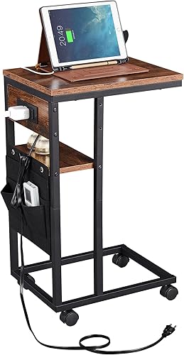 Mesa auxiliar, mesa auxiliar con estación de carga y puertos USB, mesa auxiliar en forma de C para sofá y cama, pequeña mesa de aperitivos con bolsa