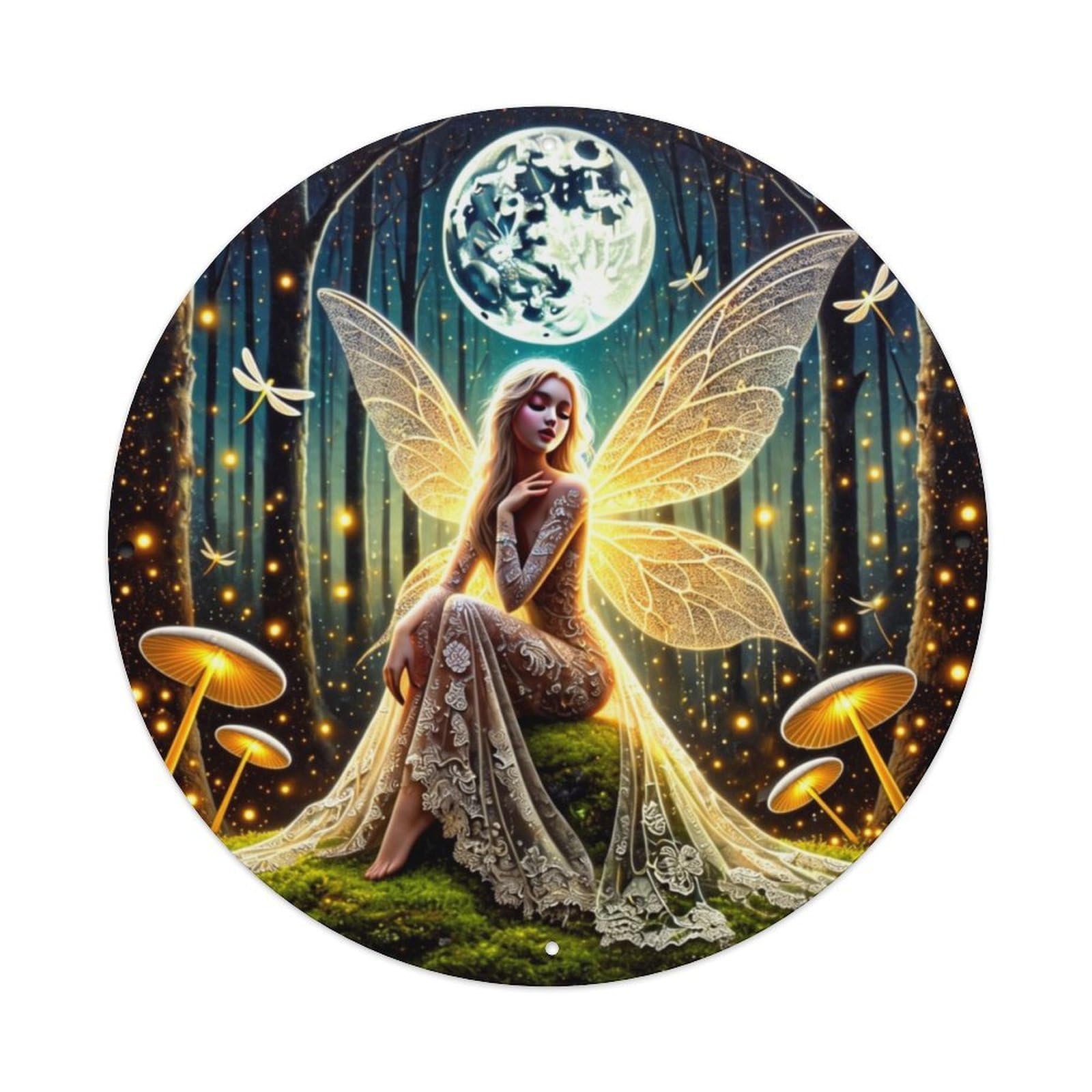 Moonlit Forest Fairy Wings Glow Round Metal Tin Sign Vintage Wall Decor, Bar Garage Cafe Kitchen Home Wall Art Poster 8x8inches