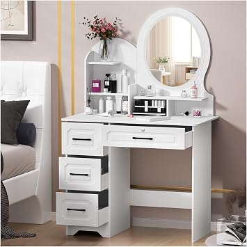 Anvazise Vanity Desk-Dressing Table Makeup Desk, Vanity with Mirror and Lights,3 Dimmable Light Colors, 4 Drawers, for Bedroom