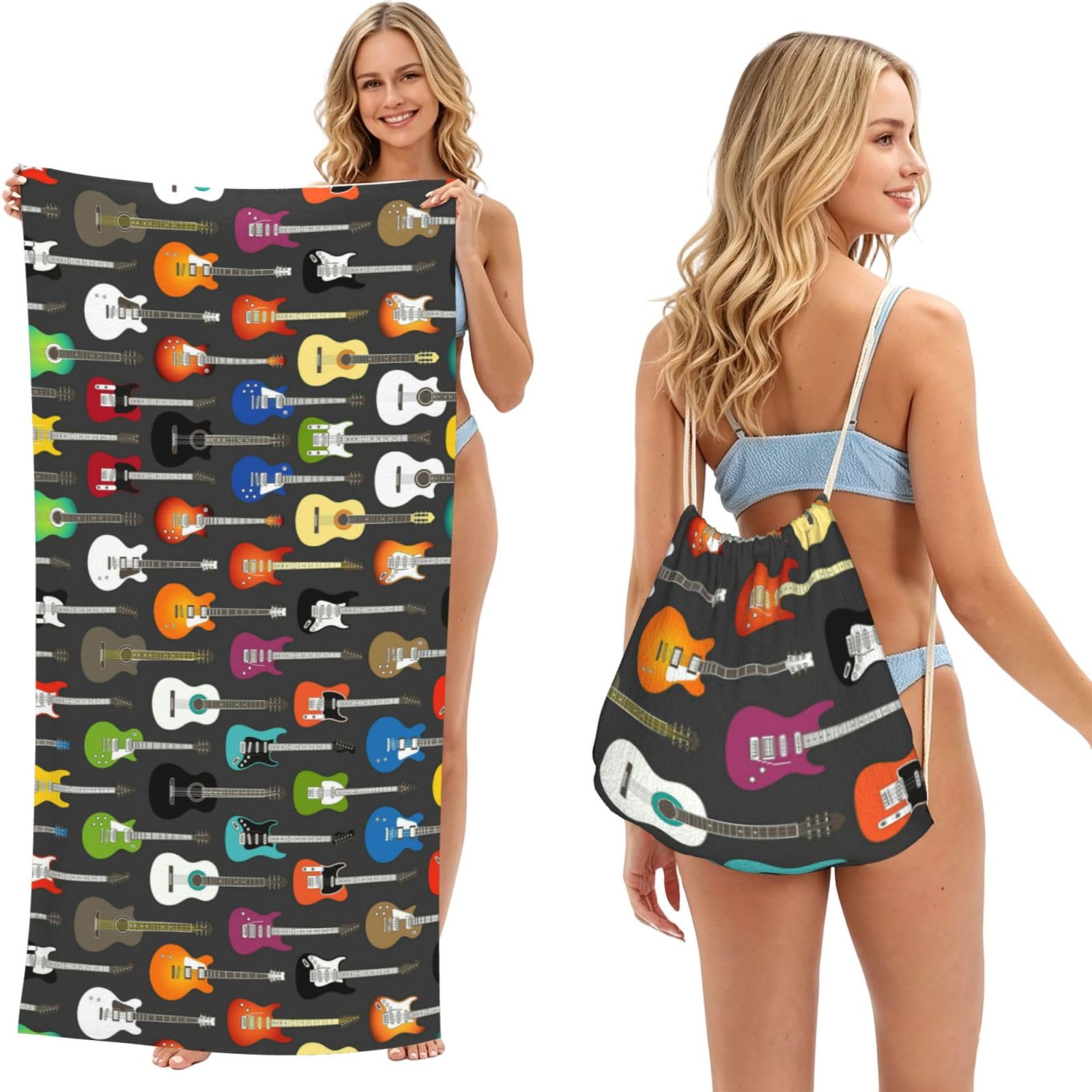 SATUSA Color Acoustic And Guitars Print 2-In-1 Foldable Beach Towel Backpack â€“ Camping, Yoga And Travel,Bath Towel With Built-In Storage, Convertible Beach Mat & Carry Bag