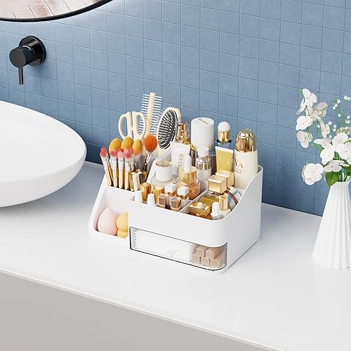 Miniatura 5 de Yieach Organizador de maquillaje blanco con soporte para cepillos, organizadores de maquillaje de encimera grande para tocador, tocador superior y