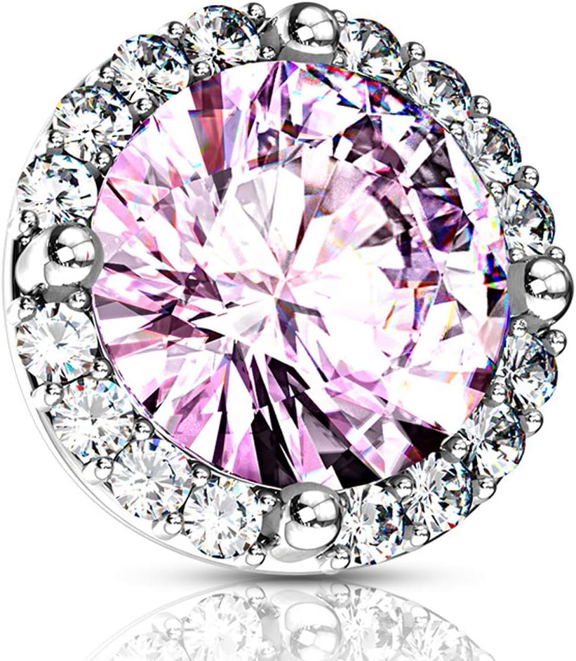 FIFTH CUE 14G Round Prong Set CZ Center w/CZ Around 316L Surgical Steel Internally Threaded Dermal Top