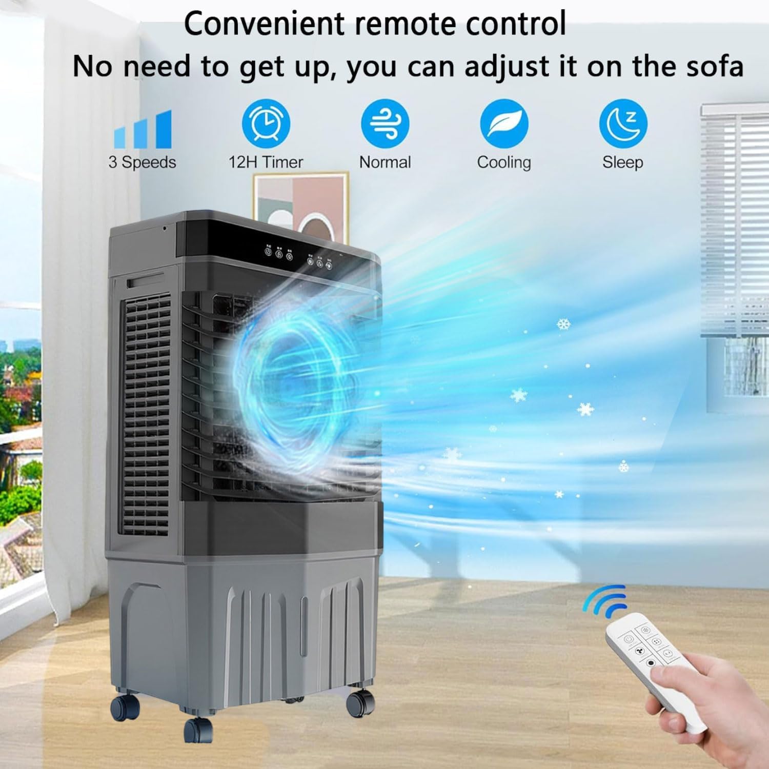 Condizionatore d'aria portatile, raffreddatore evaporativo con 3 velocità e 3 modalità, telecomando, ventola di raffreddamento oscillante a 60° per camera e ufficio
