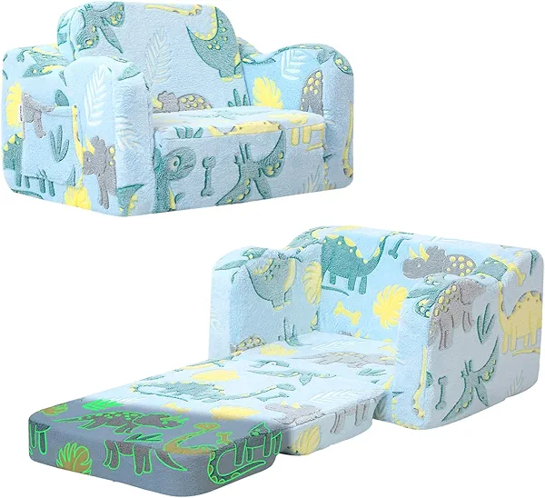 MeMoreCool Toddler Chair Comfy 1-3 Years Old, Kids Couch for Playroom, Convertible Glowing Dinosaur Flip Out Sofa, Kids Furniture Floor Recliner Chair Bed