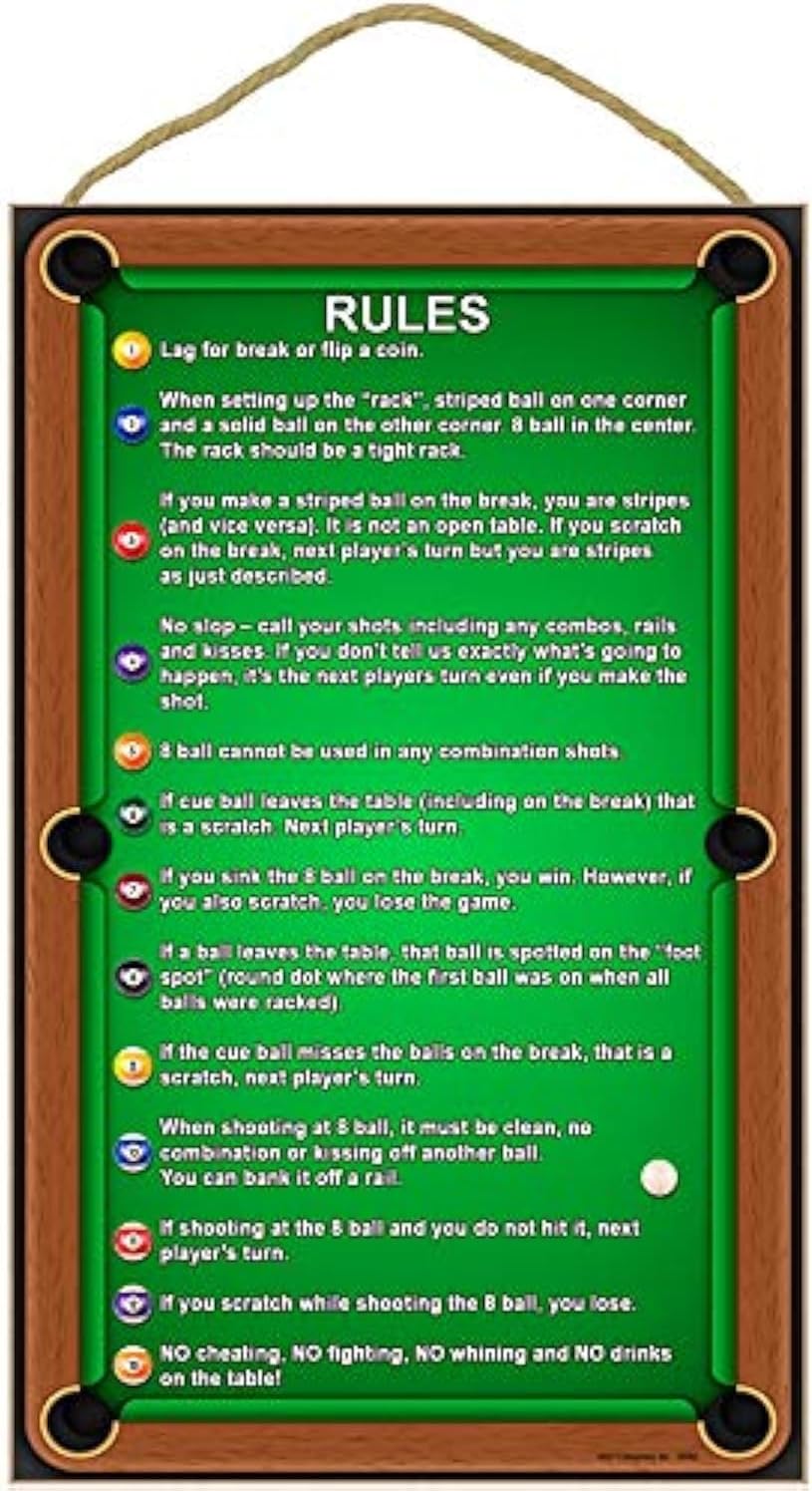 SJT ENTERPRISES, INC. Billiards/Pool Table Rules Wood Sign - Indoor Plaque Decoration for Wall - Hanging Decor for Game Room, Man Cave, Woman Cave, Pool Room, Bar - 10" x 16" (SJT28360)
