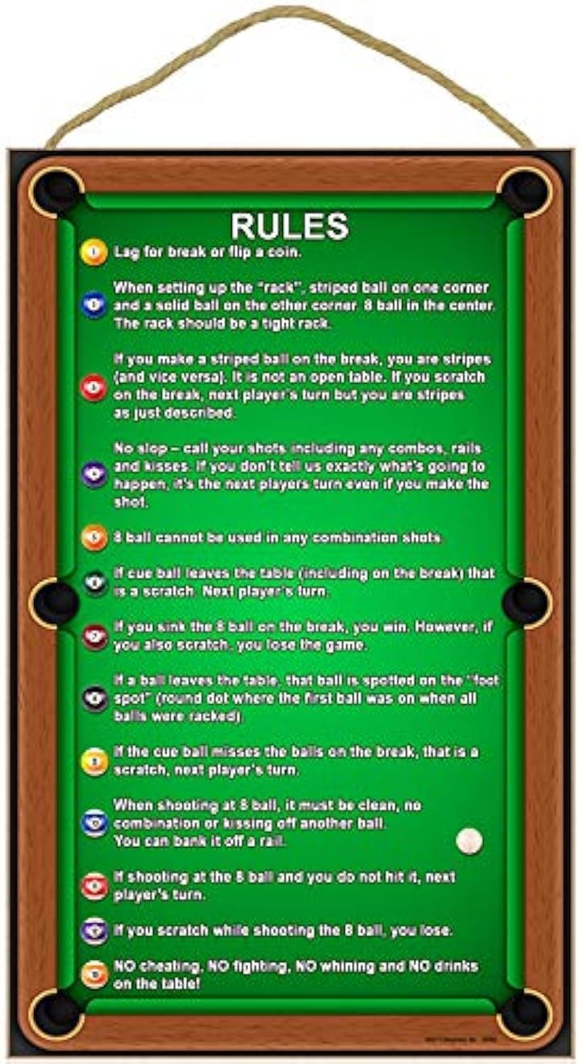 SJT ENTERPRISES, INC. Billiards/Pool Table Rules Wood Sign - Indoor Plaque Decoration for Wall - Hanging Decor for Game Room, Man Cave, Woman Cave, Pool Room, Bar - 10" x 16" (SJT28360)