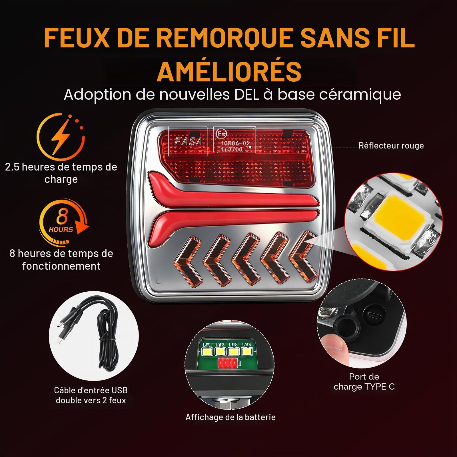 Ensemble De Feux Arrière LED Magnétiques Sans Fil Pour Remorque, Feux Arrière Dynamiques 12V Sans Câble, Feux De Remorque Étanches Avec Homologation E Pour Camions, Bateaux Et Camping-Cars