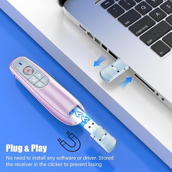 Presentation Clicker Wireless Presenter Remote USB C PowerPoint PPT Clicker | USB C Clicker for Presentation with Pointer, RF 2.4GHz Power Point Clicker Slide Advancer for Google Slides/Mac/Laptop, Pink