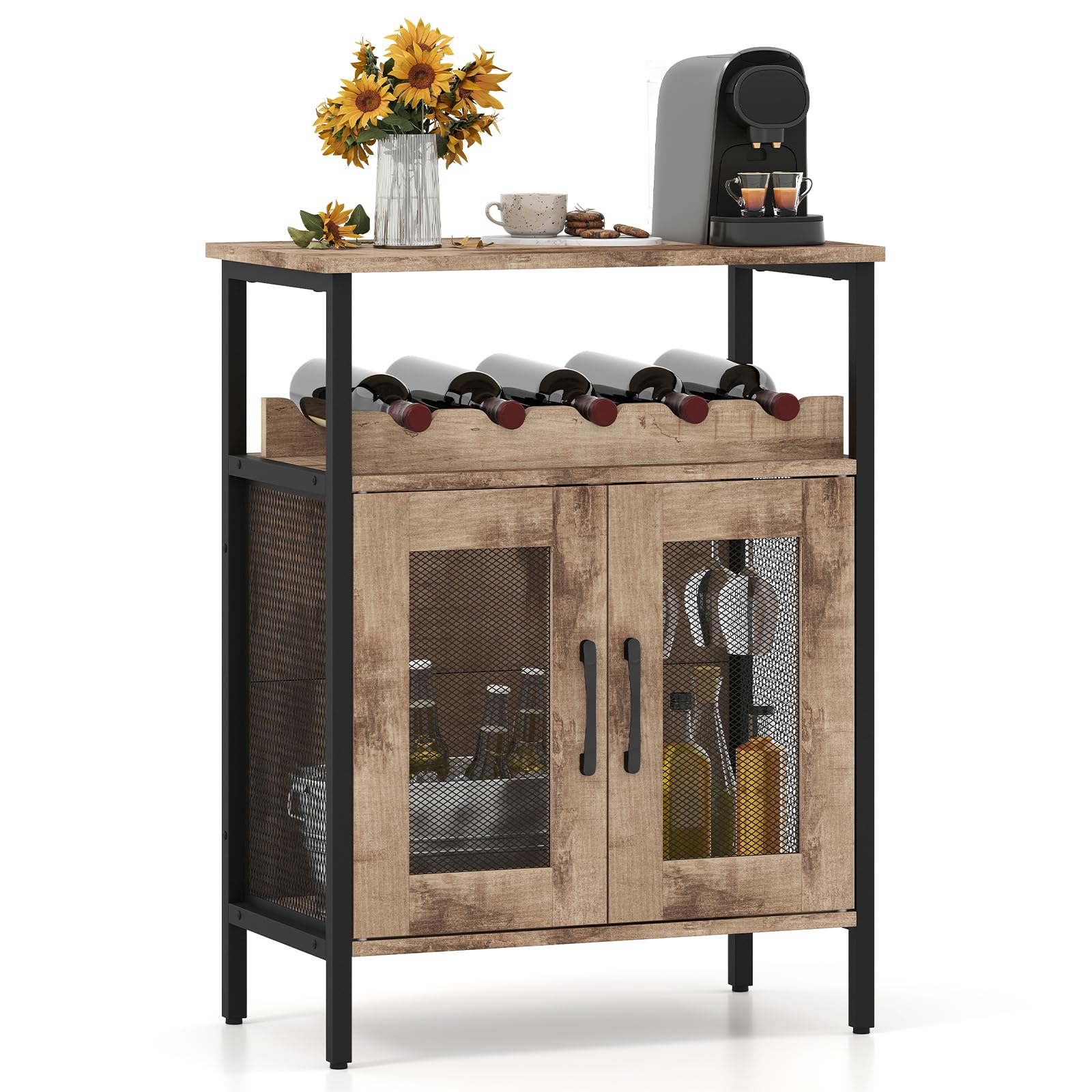 COSTWAY Carrello Portabottiglie Da 18 Posti Con Ripiani E Porta Bicchieri, Struttura In Legno E Metallo, 63x32x114 Cm
