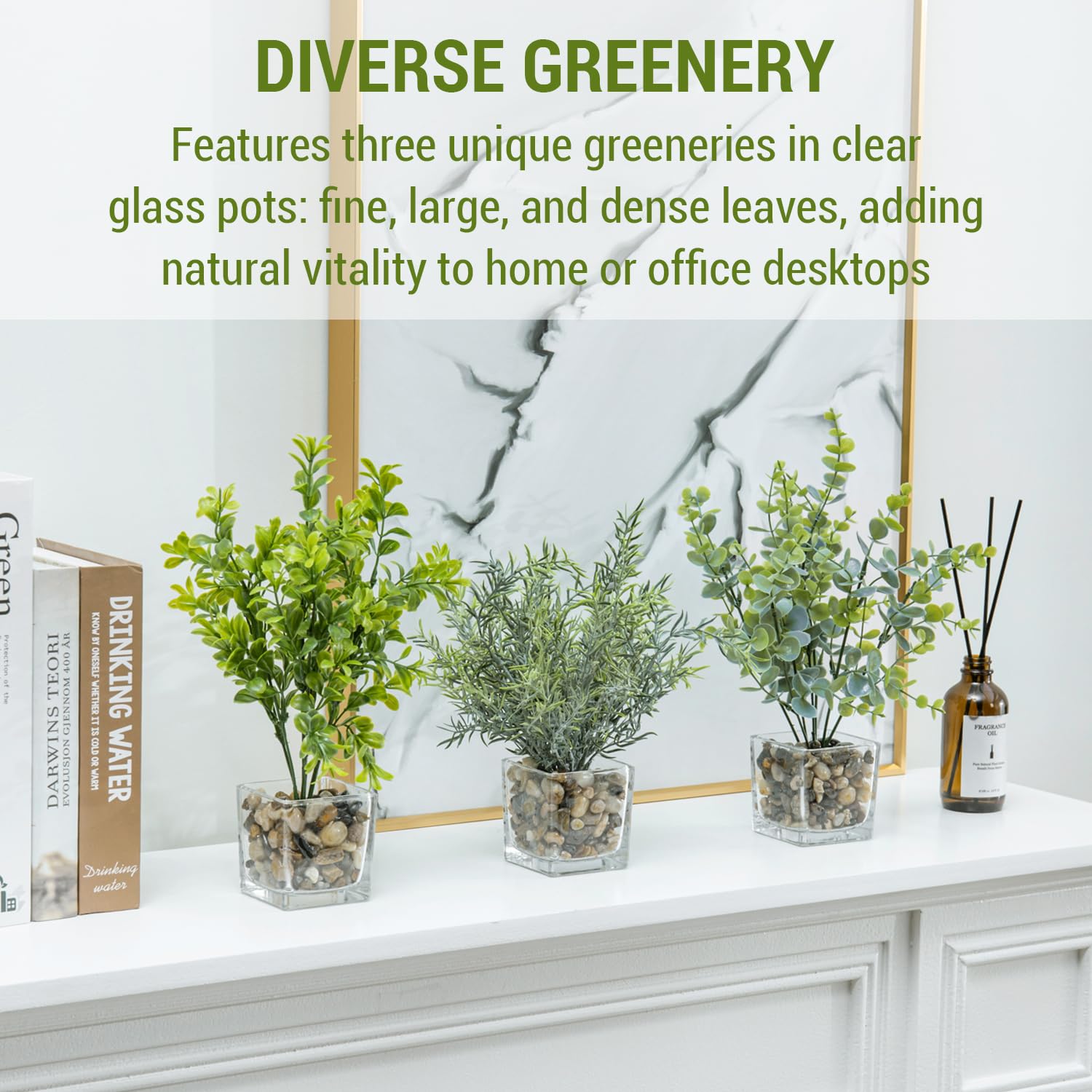 MyGift Artificial Rosemary Eucalyptus and Boxwood Plants Potted in Clear Glass Square Pots, Assorted Faux Greenery Indoor Home Table Centerpiece Office Desk Decor, 3 Piece Set