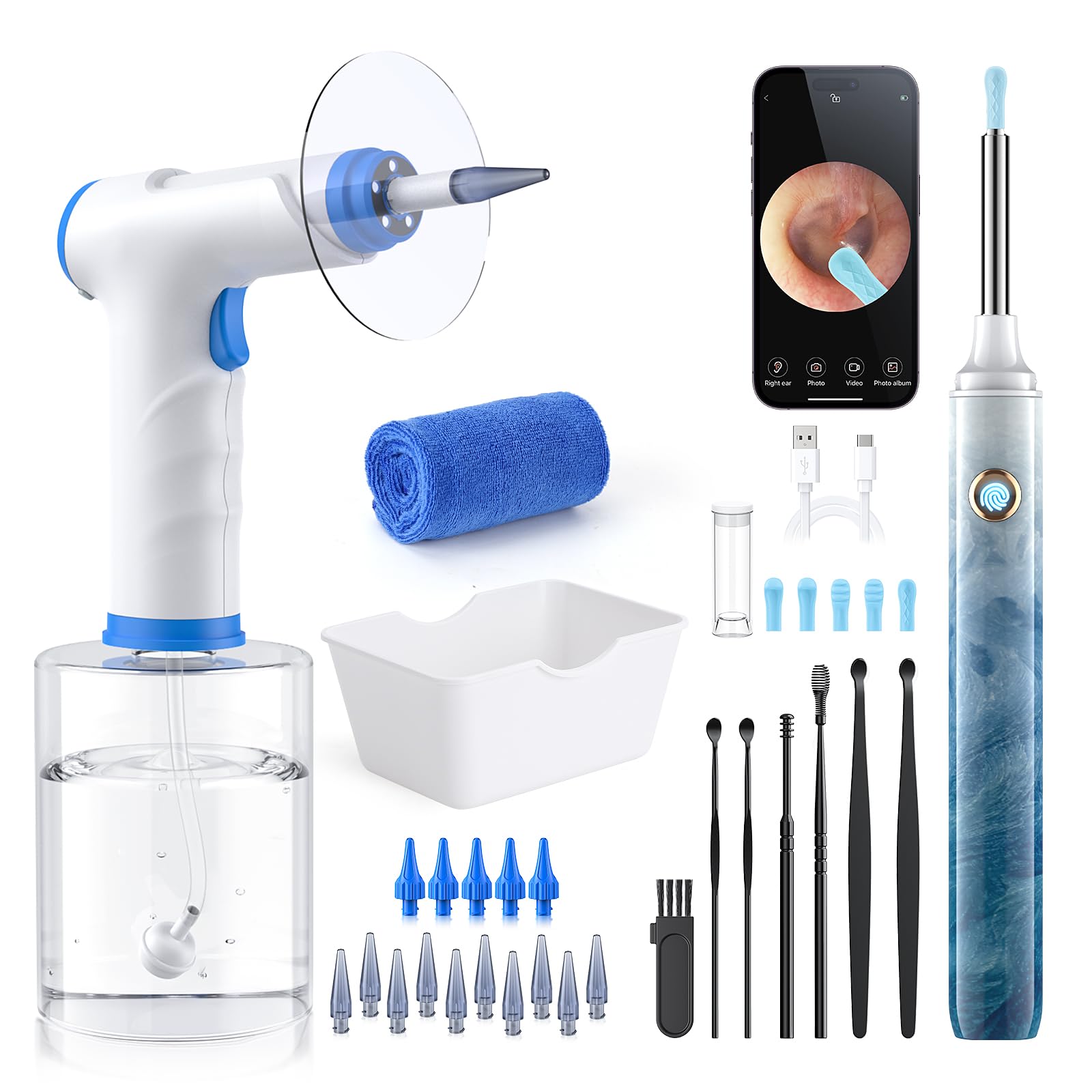 Earwax Removal - Electric Ear Irrigation Kit with 4 Pressure Modes, Ear Cleaner with Camera, 1080P Otoscope, Ear Cleaning Tool with 7-Piece Set, Earwax Removal Kit for Daily Cleaning-Blue