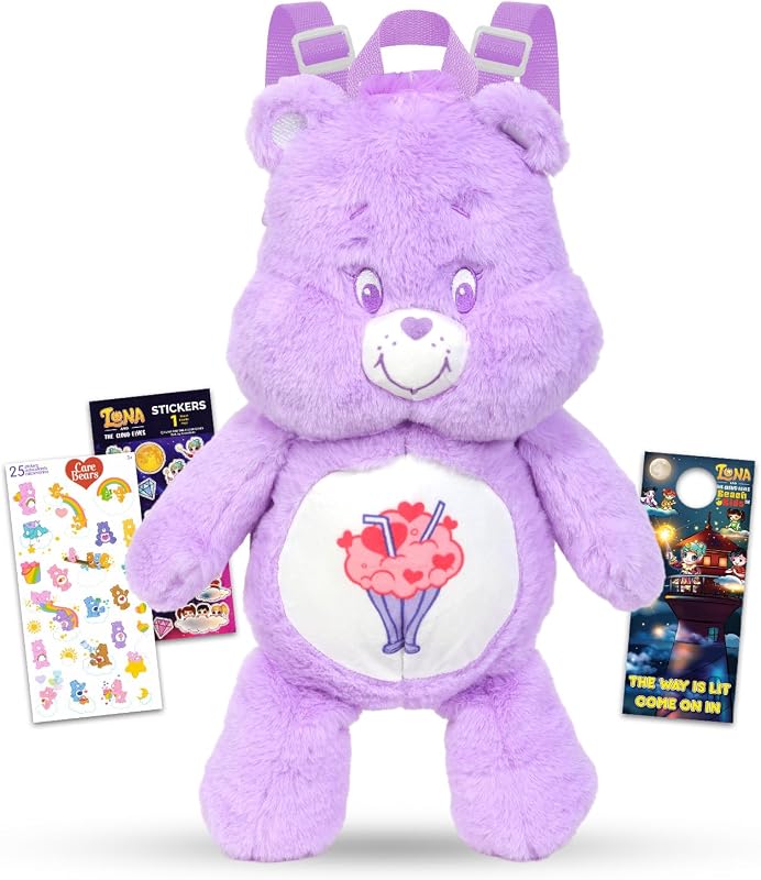 Care Bears Share Bear Plushie Set - Bundle of 17" Share Bear Plush Backpack Doll with Carrying Straps Plus Stickers, More | Care Bears Stuffed Animal