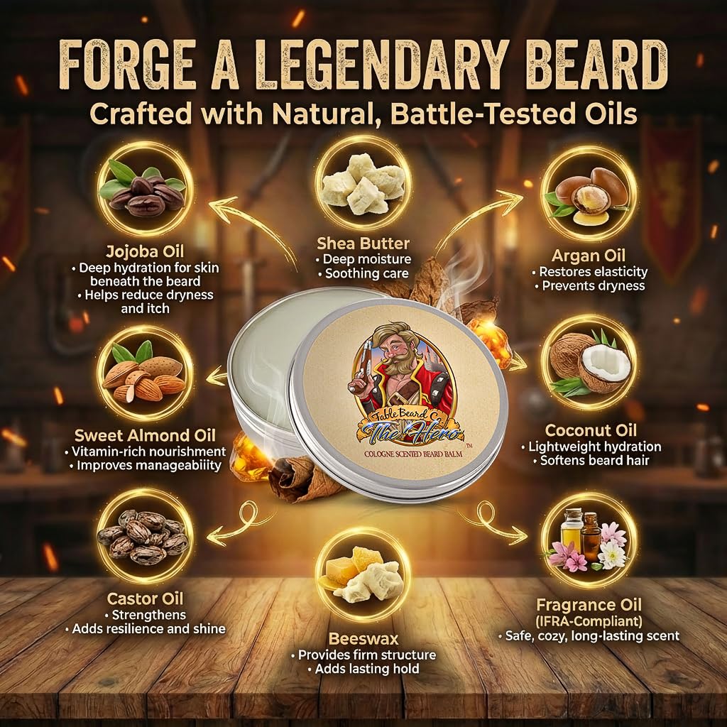 Fable Beard Co. Beard Balm - The Hero, Warm Tobacco, Light Cologne, & Mystical Amber, Natural Beard Balm for Men with Jojoba & Argan Oils, Beard Conditioner, Made in USA (2 Fl Oz)