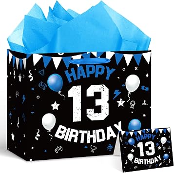 LUUFILx 13th Birthday Gift Bag for Boys Teenager Party Favors Bags Black White Gift Party Favors Bags with Handles for 13th Birthday Decorations