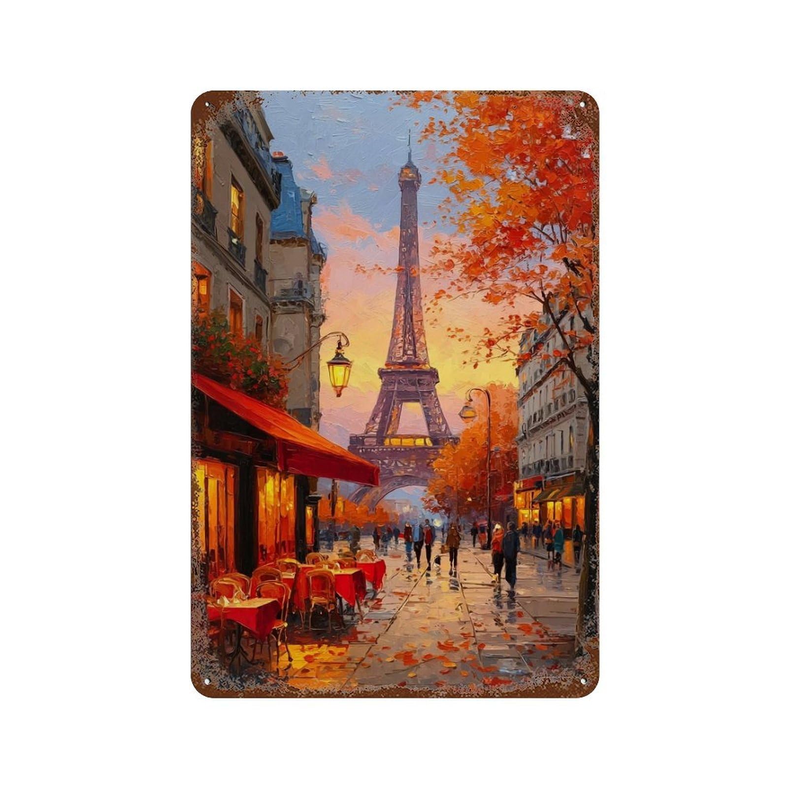 Parisian Autumn Eiffel Tower Scene Aged Metal Wall Plaque 11.8"x7.9", for Office, Studio And Wall Decor, Novelty Wall Decor