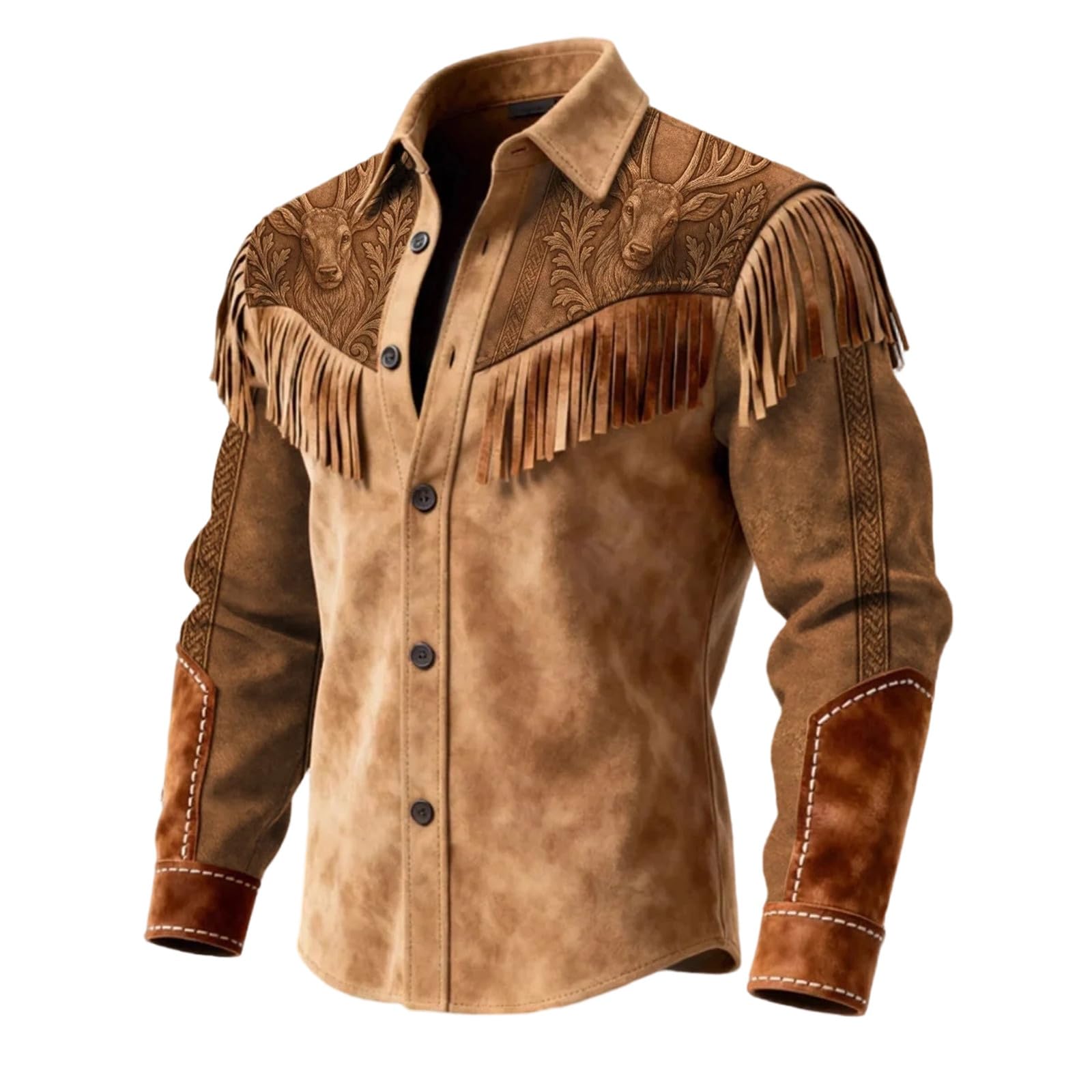 Generico Camicia Uomo Regular Fit Camicia Western Stile Cowboy con Frange Decorazione per Casual da Festival Musicale Country con Bottoni e Maniche Lunghe